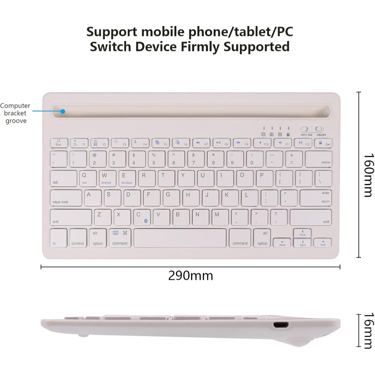 Teclado blanco con teclas, dimensiones y texto. Admite dispositivos móviles/tabletas/PC.