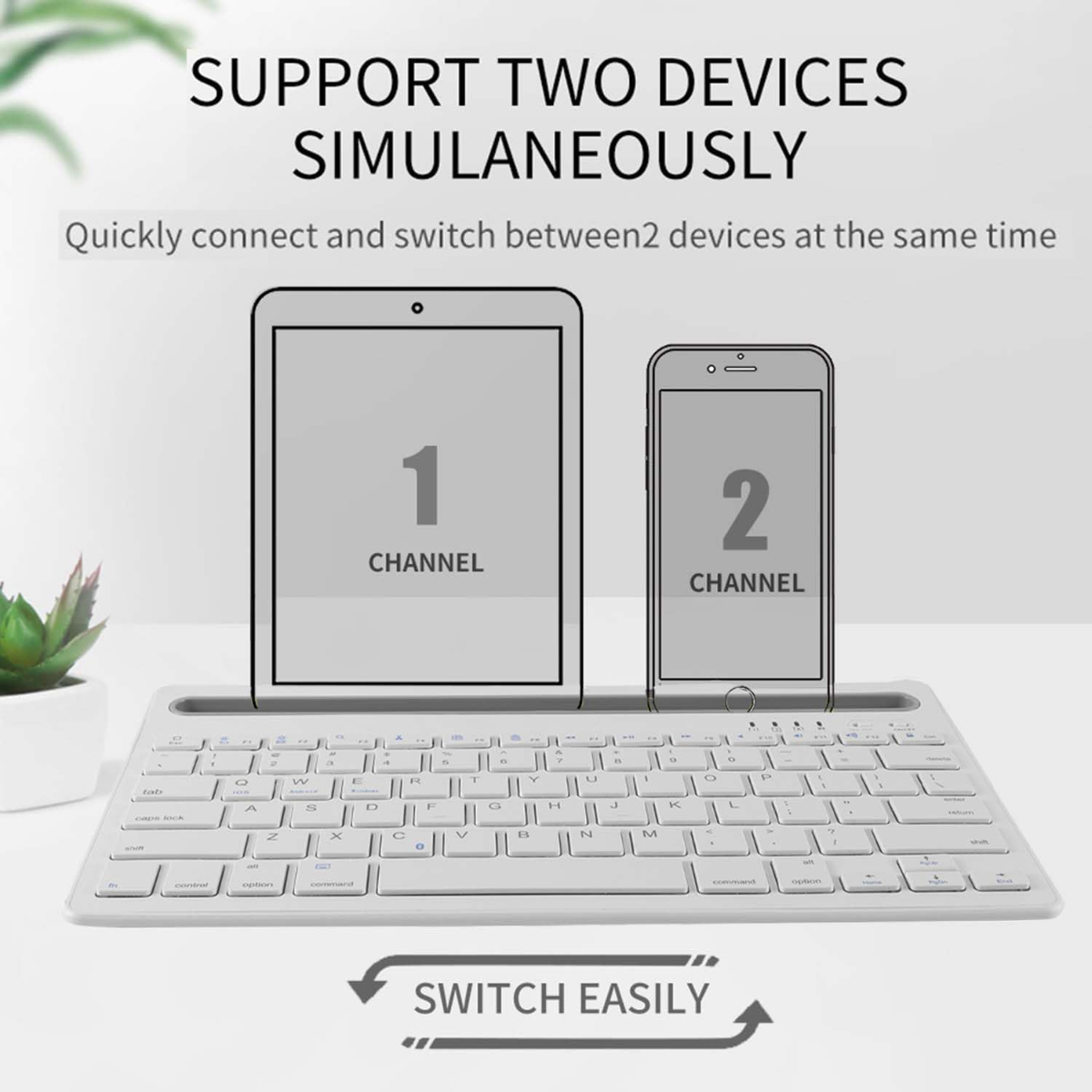 Configuración de teclado inalámbrico con tableta y teléfono, etiquetados 1 y 2 canales, con flechas para cambiar.