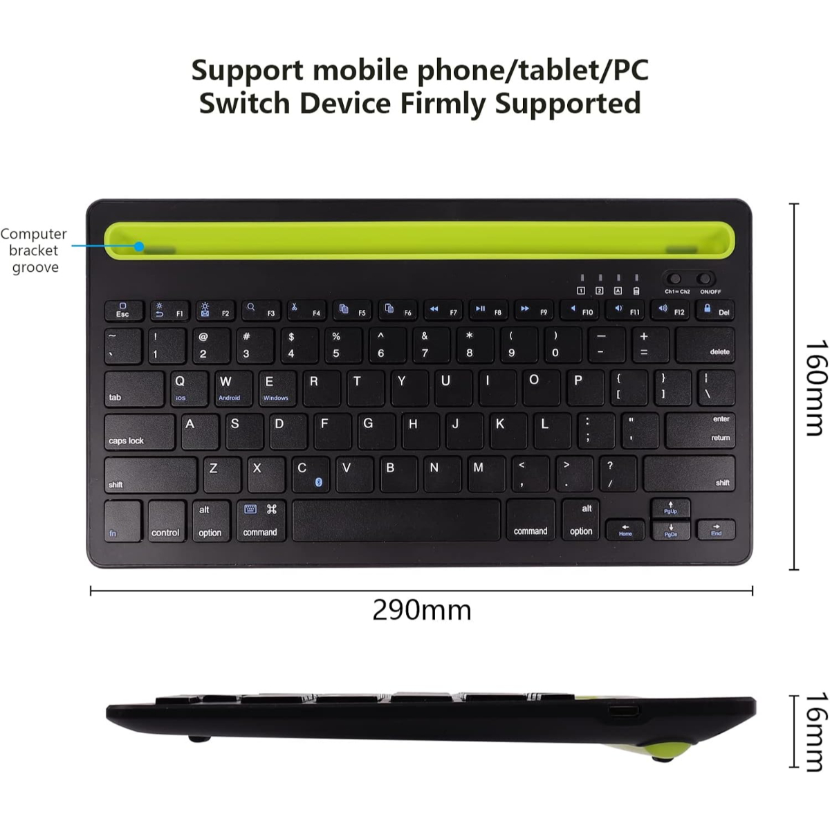 Un teclado negro y verde con un soporte para teléfono en la parte superior. Tiene un perfil lateral que muestra la altura.