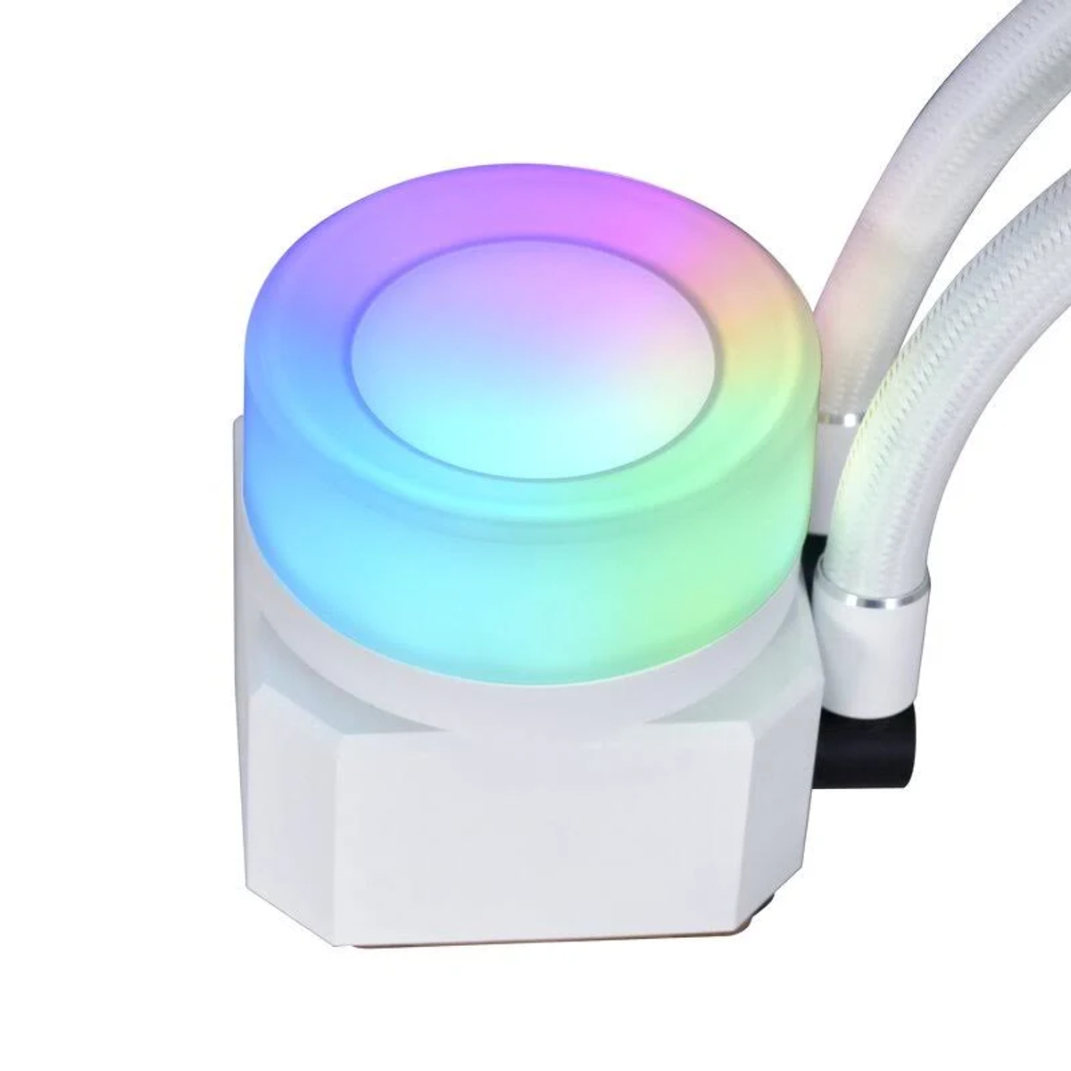 Weißer CPU-Kühler mit farbenfrohem, kreisförmigem LED-Licht und zwei weißen Schläuchen.