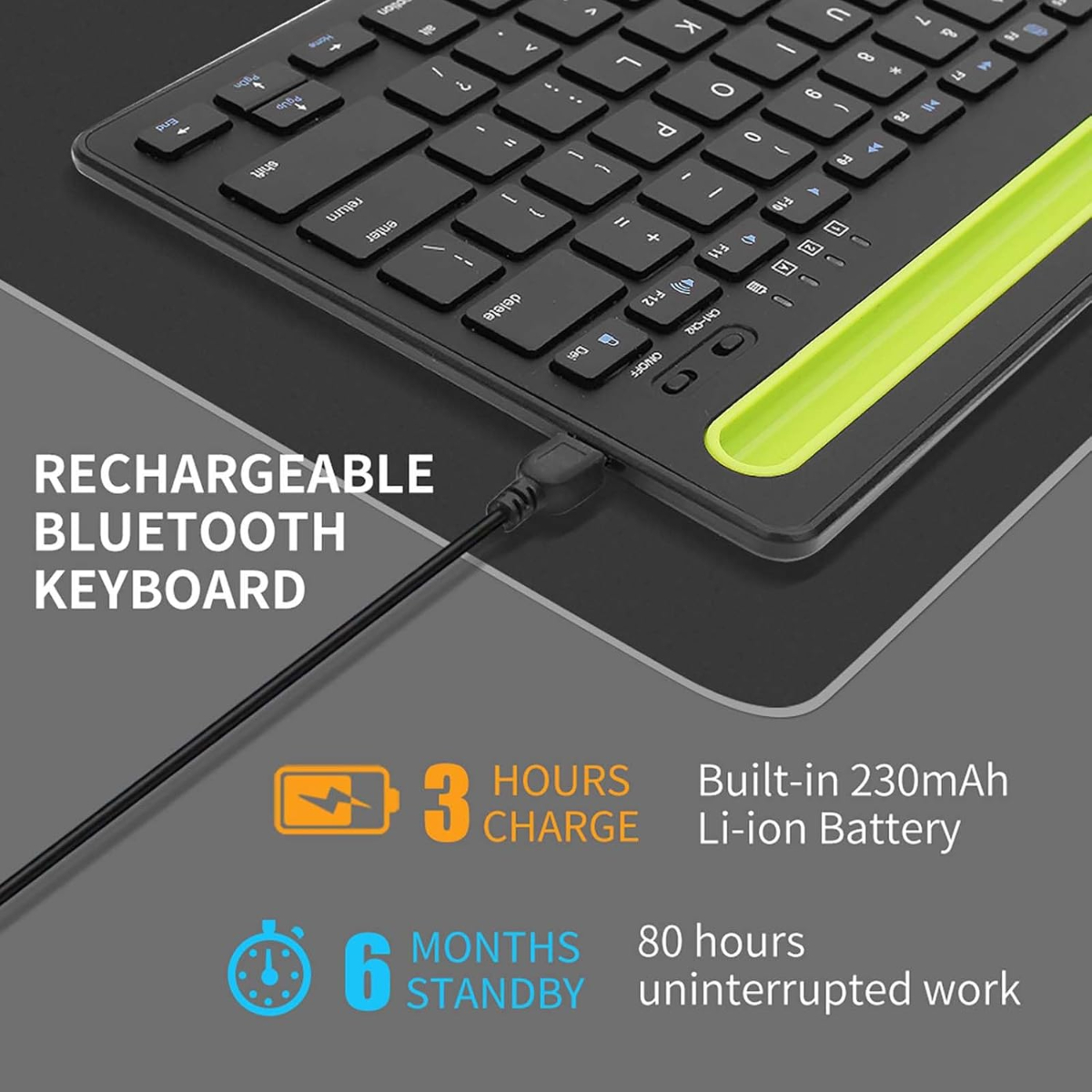 Un teclado Bluetooth recargable negro y verde con un cable de carga conectado. Detalles en el texto.