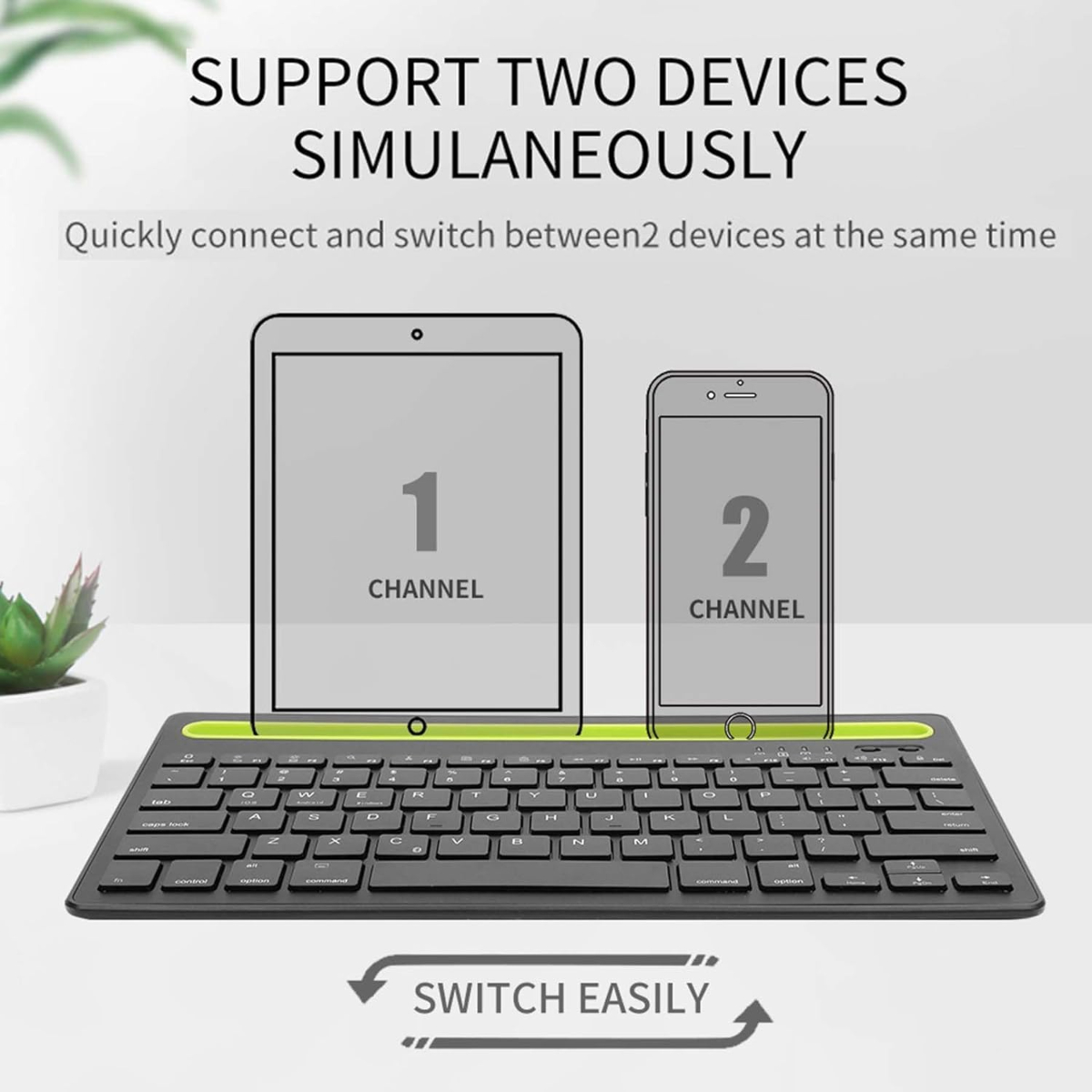 Teclado con iconos de tableta y teléfono, el texto dice que admite dos dispositivos. Es negro con una franja verde.