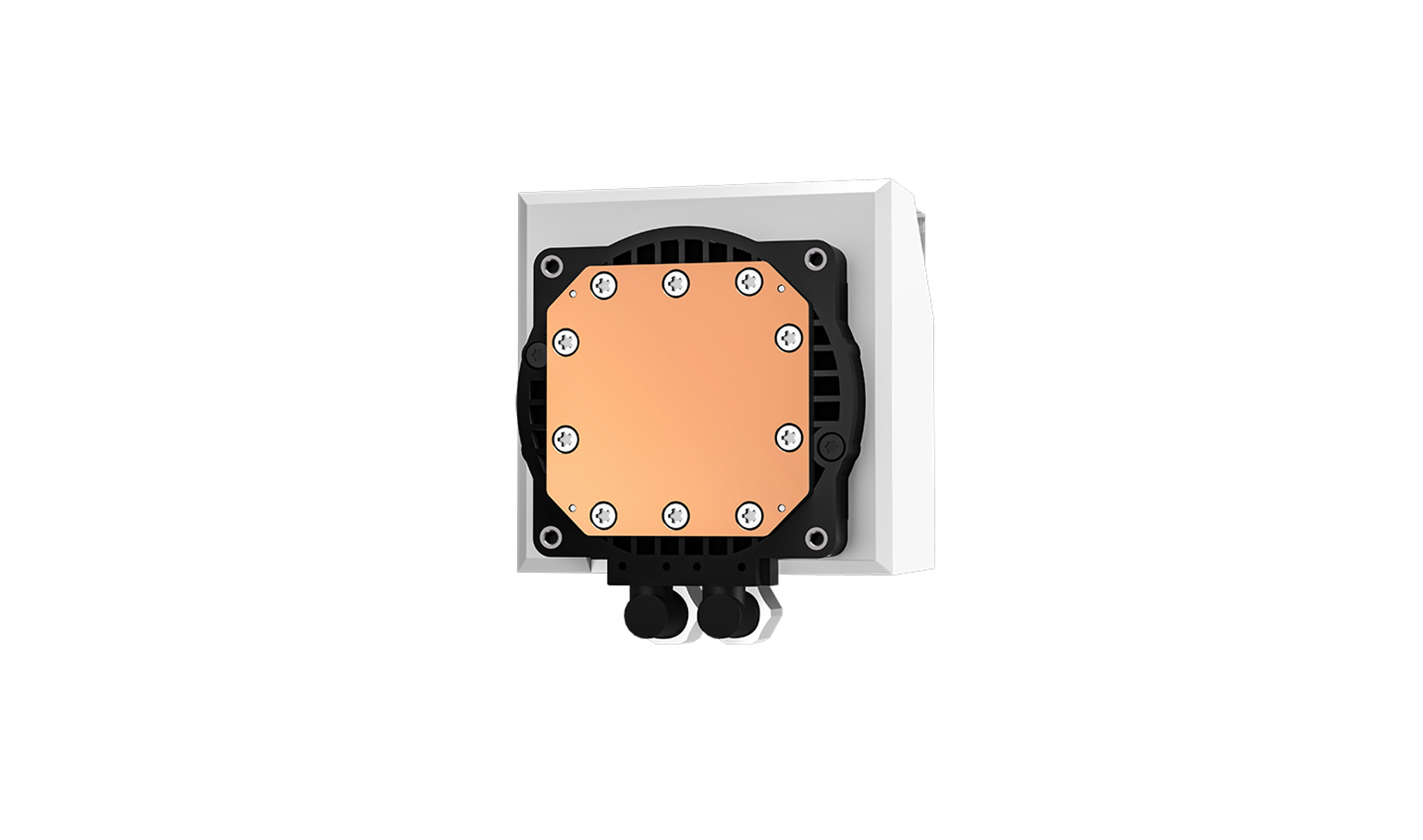 A CPU water cooler with copper plate and black and white components on white.