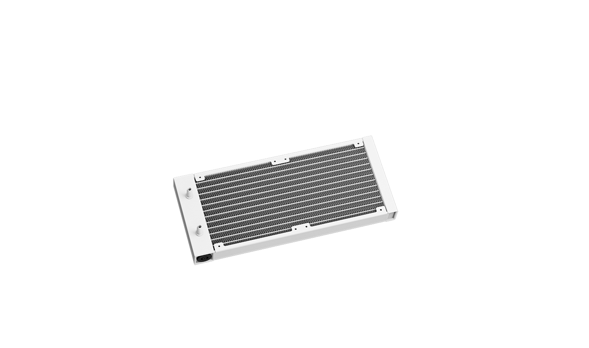 A white rectangular radiator for a computer. It has many small fins and two tubes on one side.
