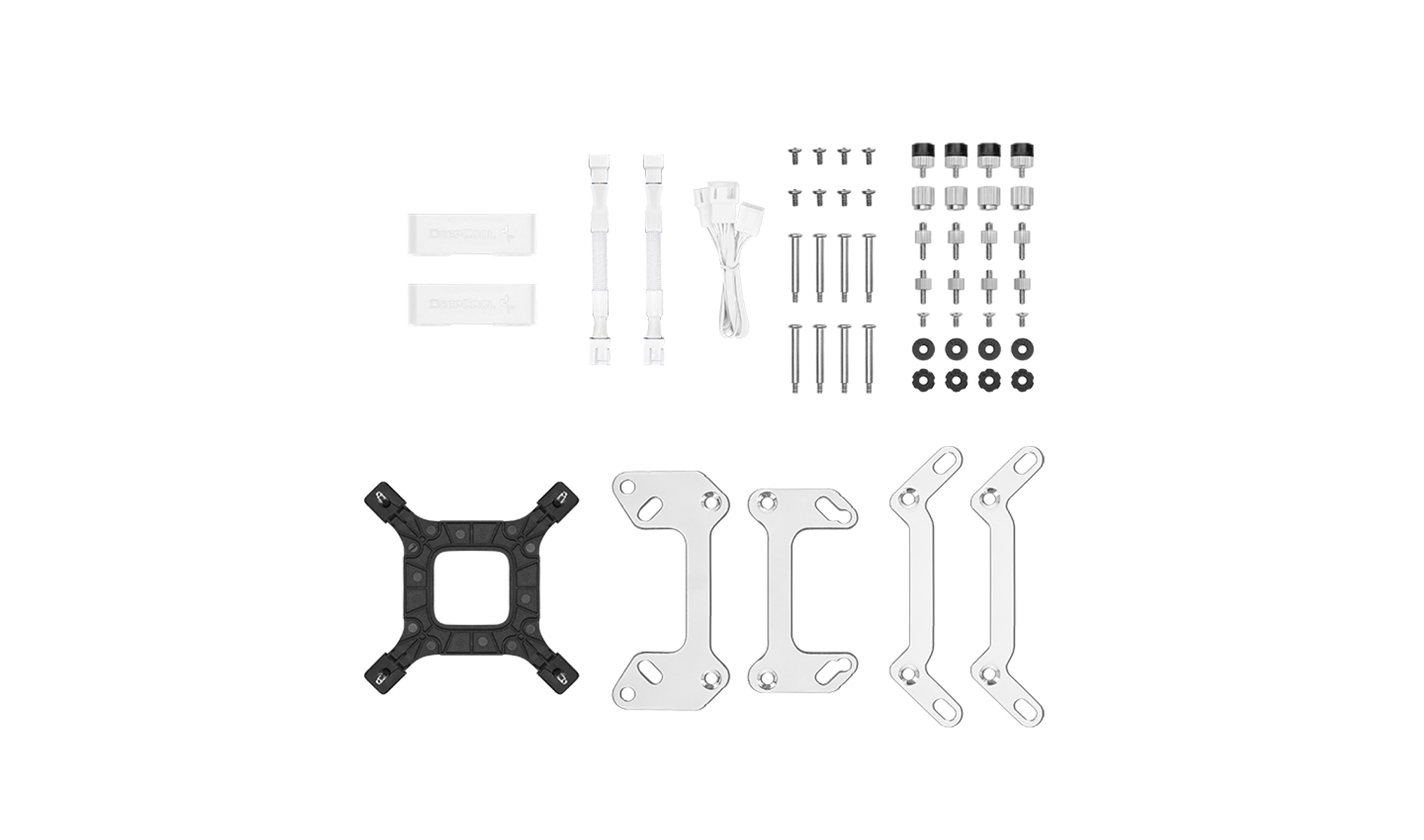 Computer hardware components: screws, brackets, and cables. White background.