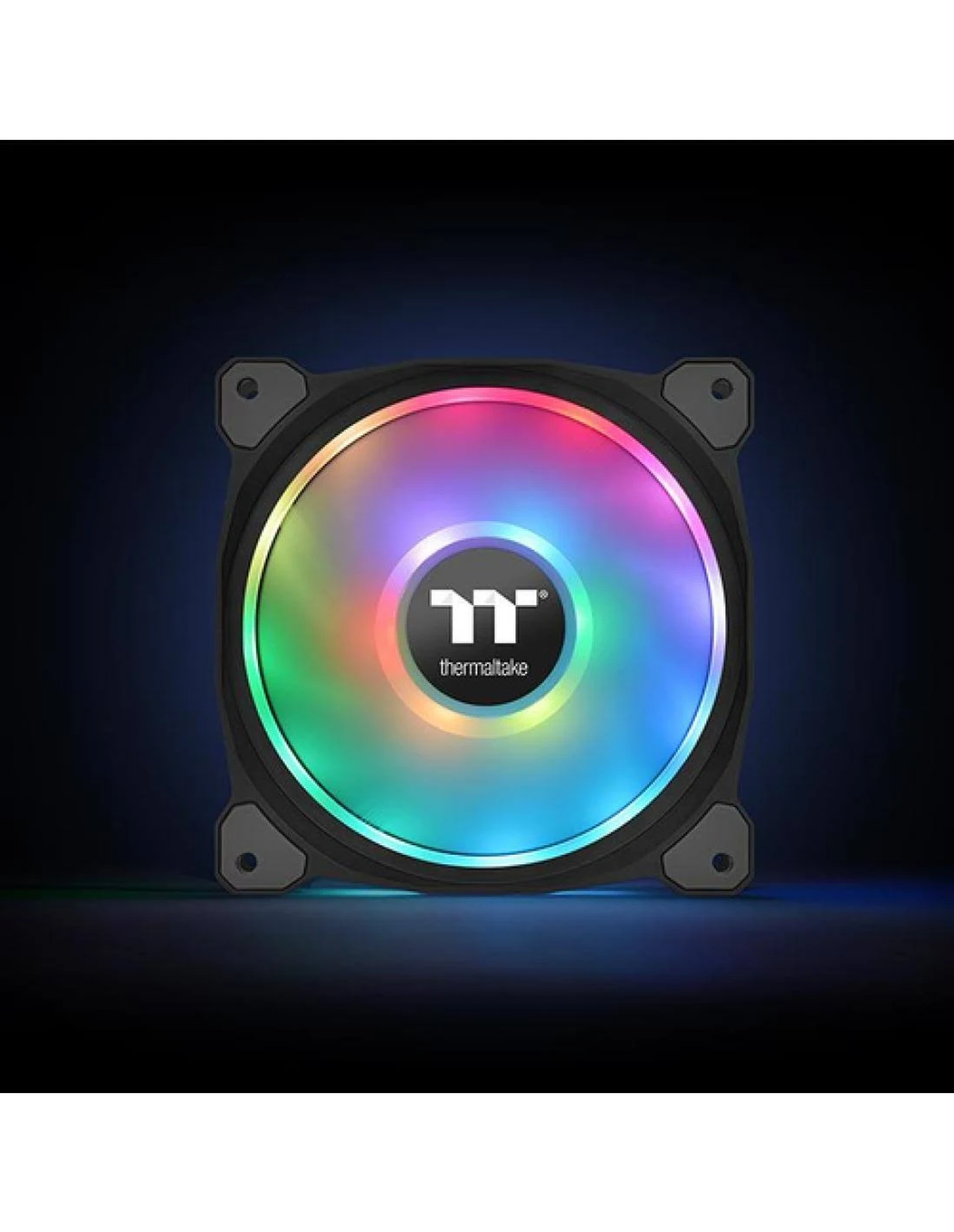 Computerlüfter mit Regenbogenlichtern, schwarzem Rahmen und Thermaltake-Logo.