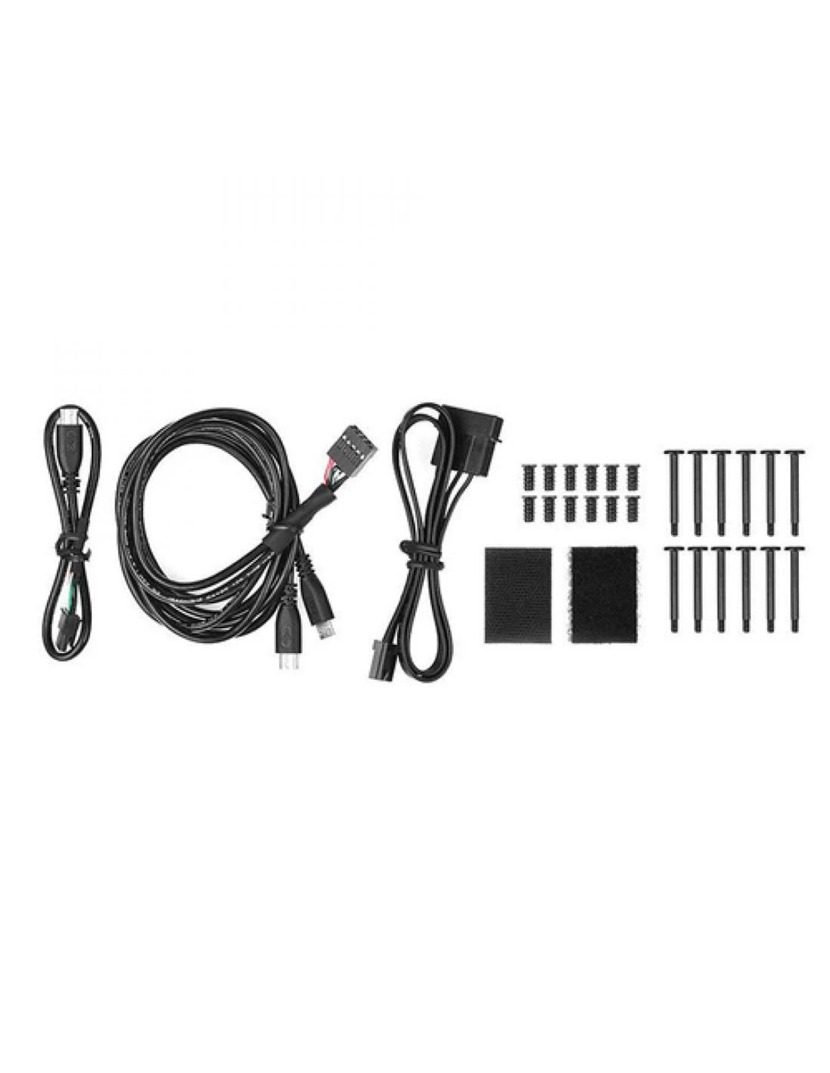 Verschiedene Computerkabelkomponenten: USB-, SATA- und Stromkabel sowie Schrauben.