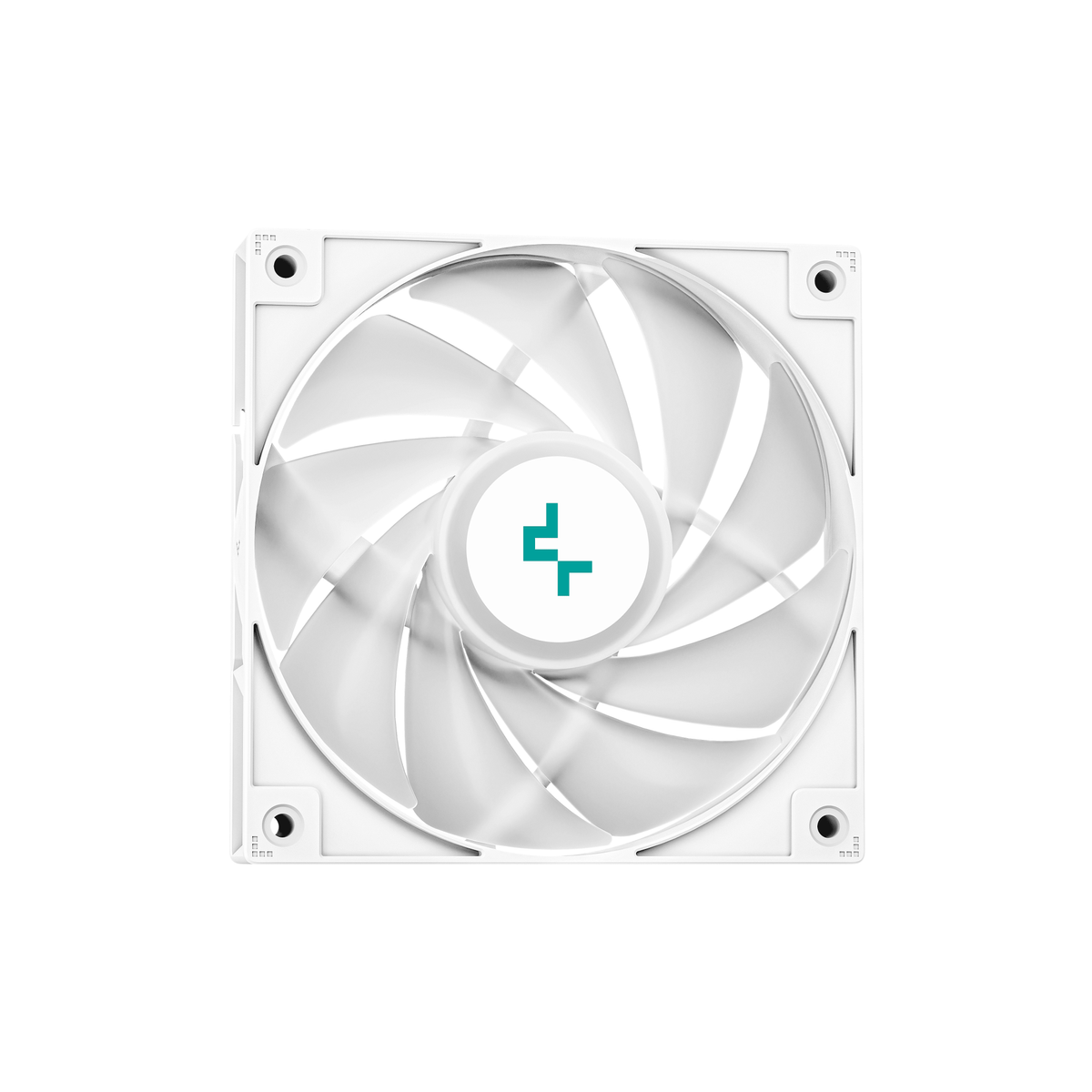 Weißer Computerlüfter mit gebogenen Flügeln. Türkis Logo in der Mitte. Weißer Hintergrund.