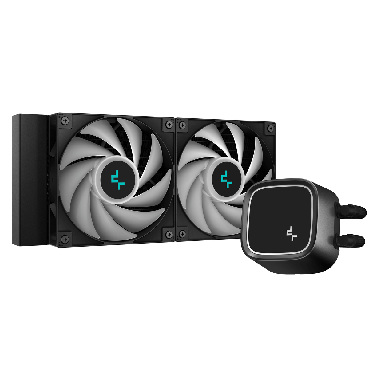 Black computer cooling system with two fans and a black pump. It has blue accents.