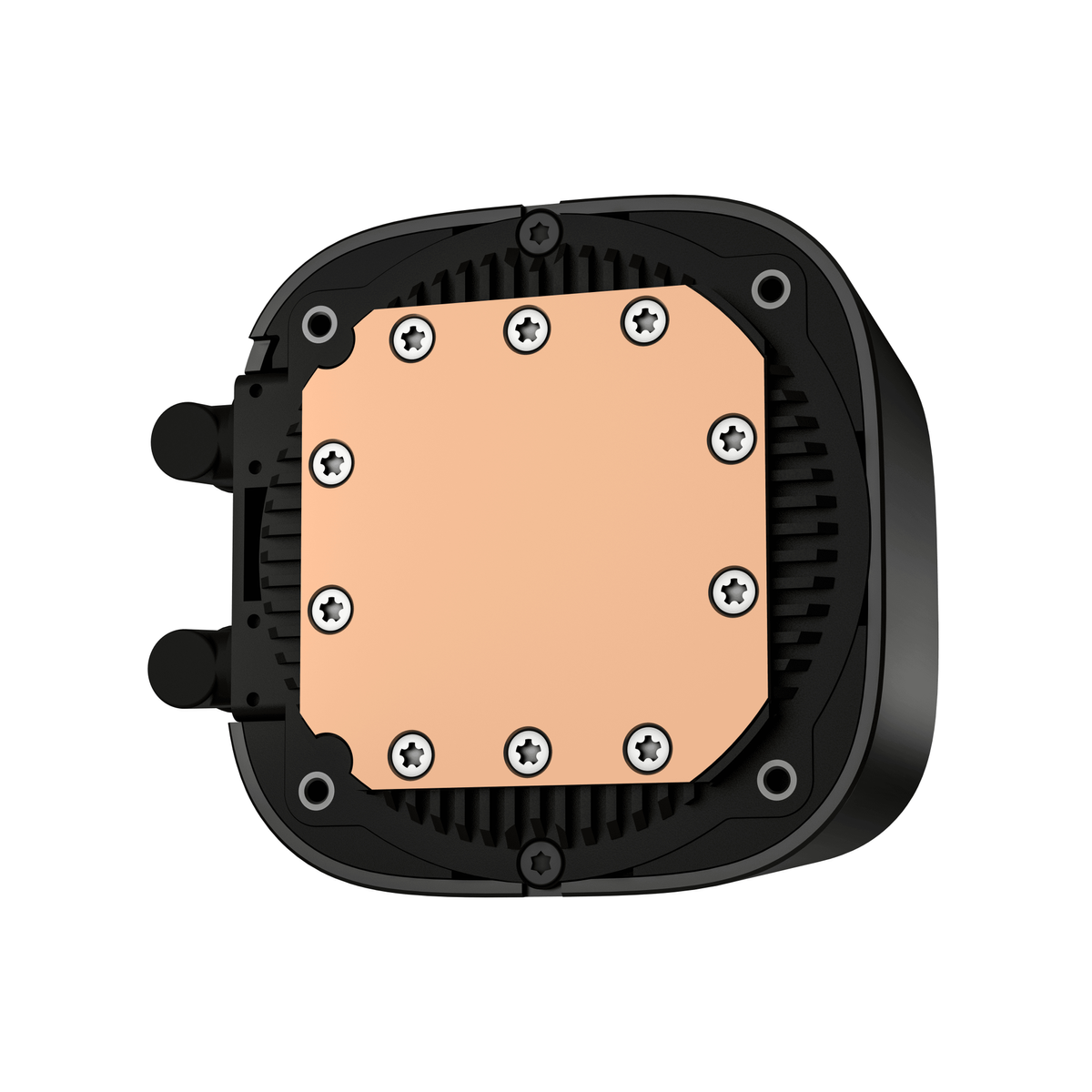 Black CPU water block with copper plate and screws. Top view, isolated on white background.