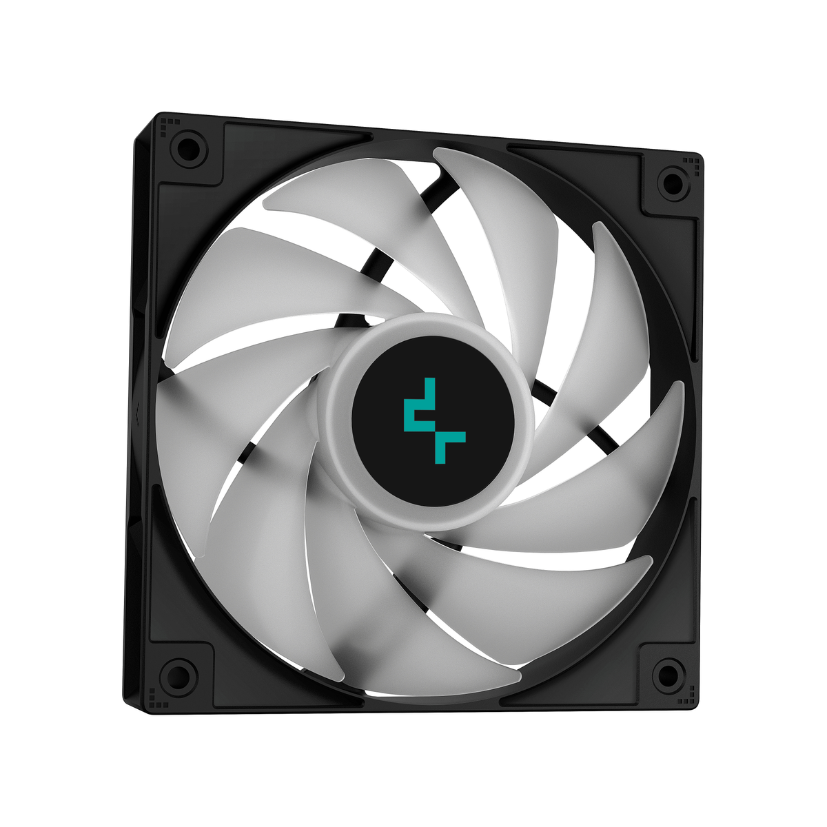 Black computer fan with white blades and a central logo. Square shape with mounting holes.