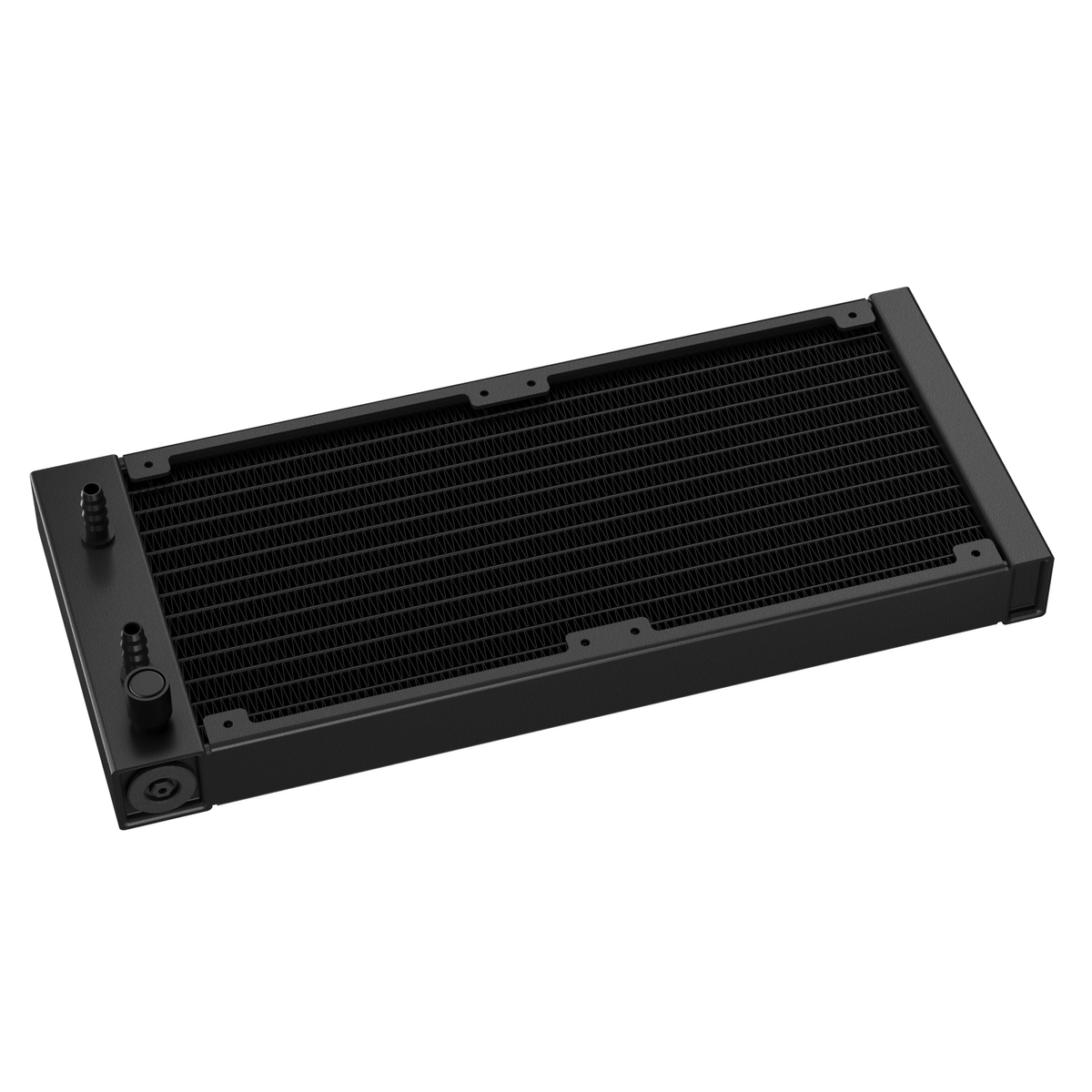 A black computer radiator with two water connectors, isolated on a white background.