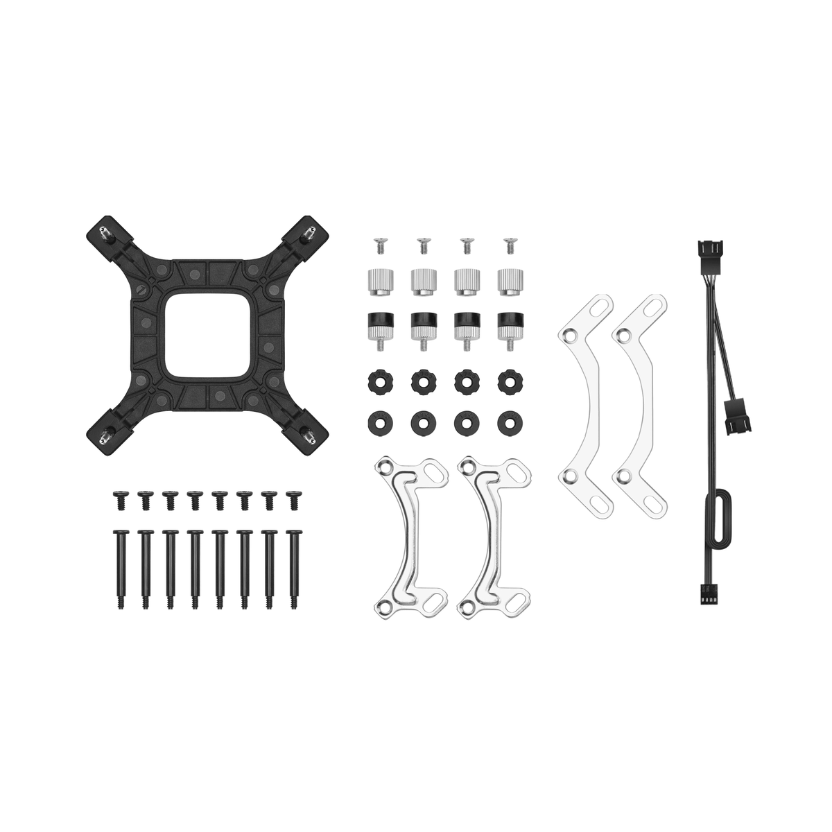 Computer components: a CPU cooler mounting kit with screws and brackets.