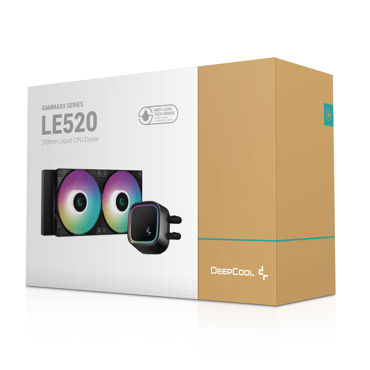 Box with liquid CPU cooler, colorful fans. Text: GAMMAXX SERIES LE520.