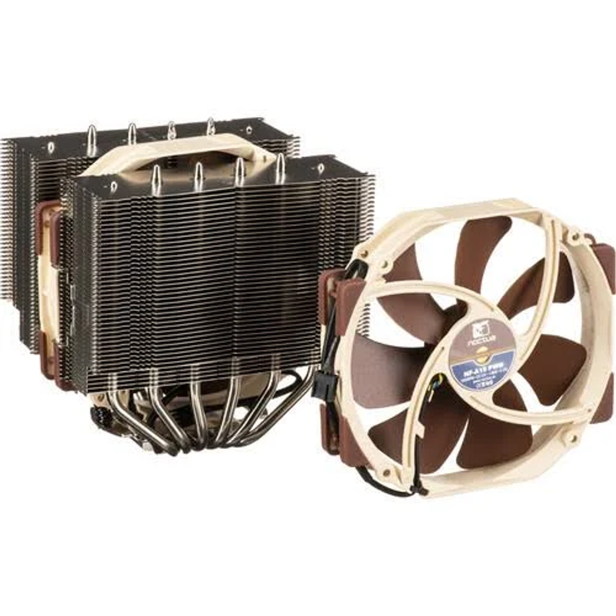Zwei Computerlüfter mit beige-braunen Flügeln und Kühlkörpern.
