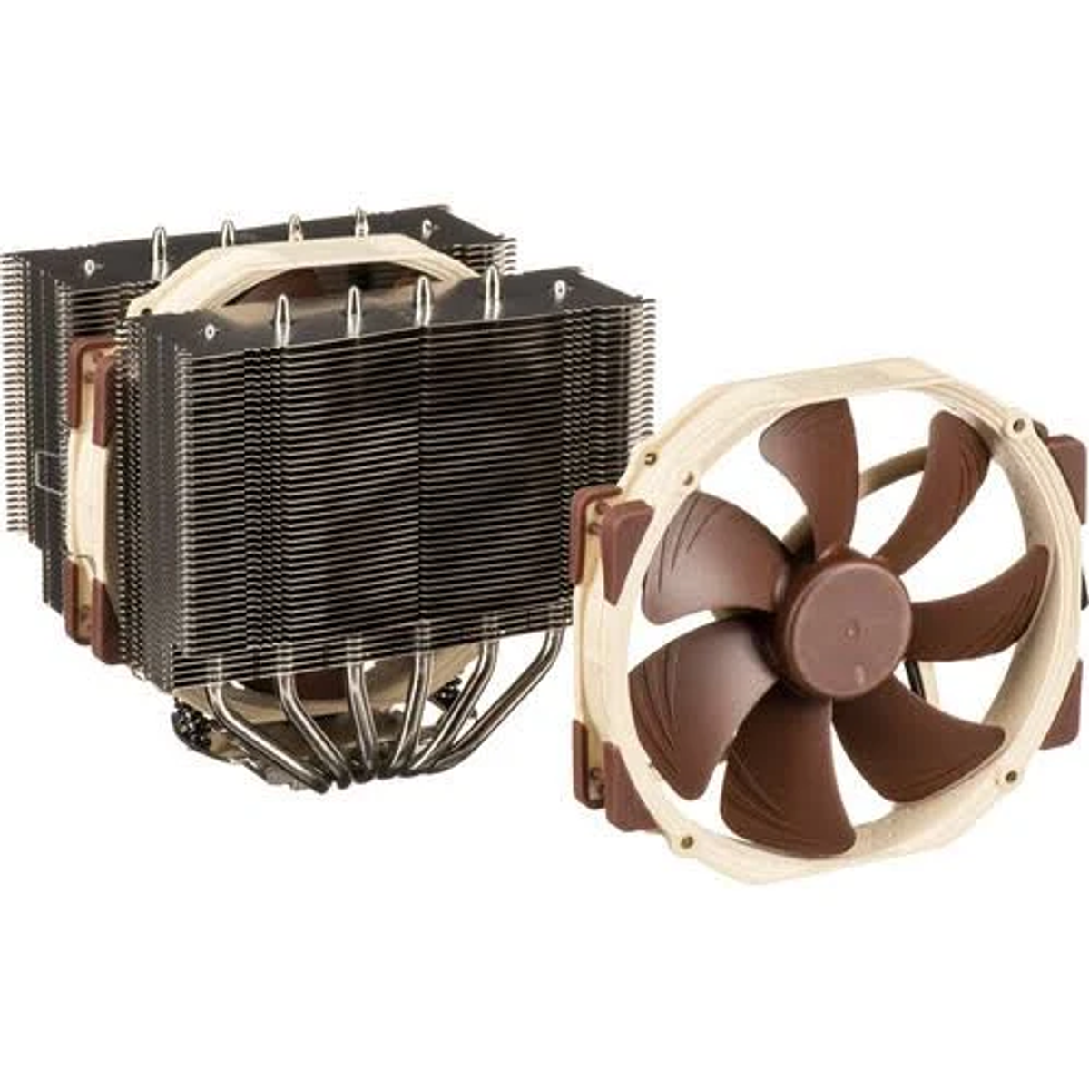 Computerlüfter mit zwei Kühlkörpern und einem braun-beigen Lüfter.