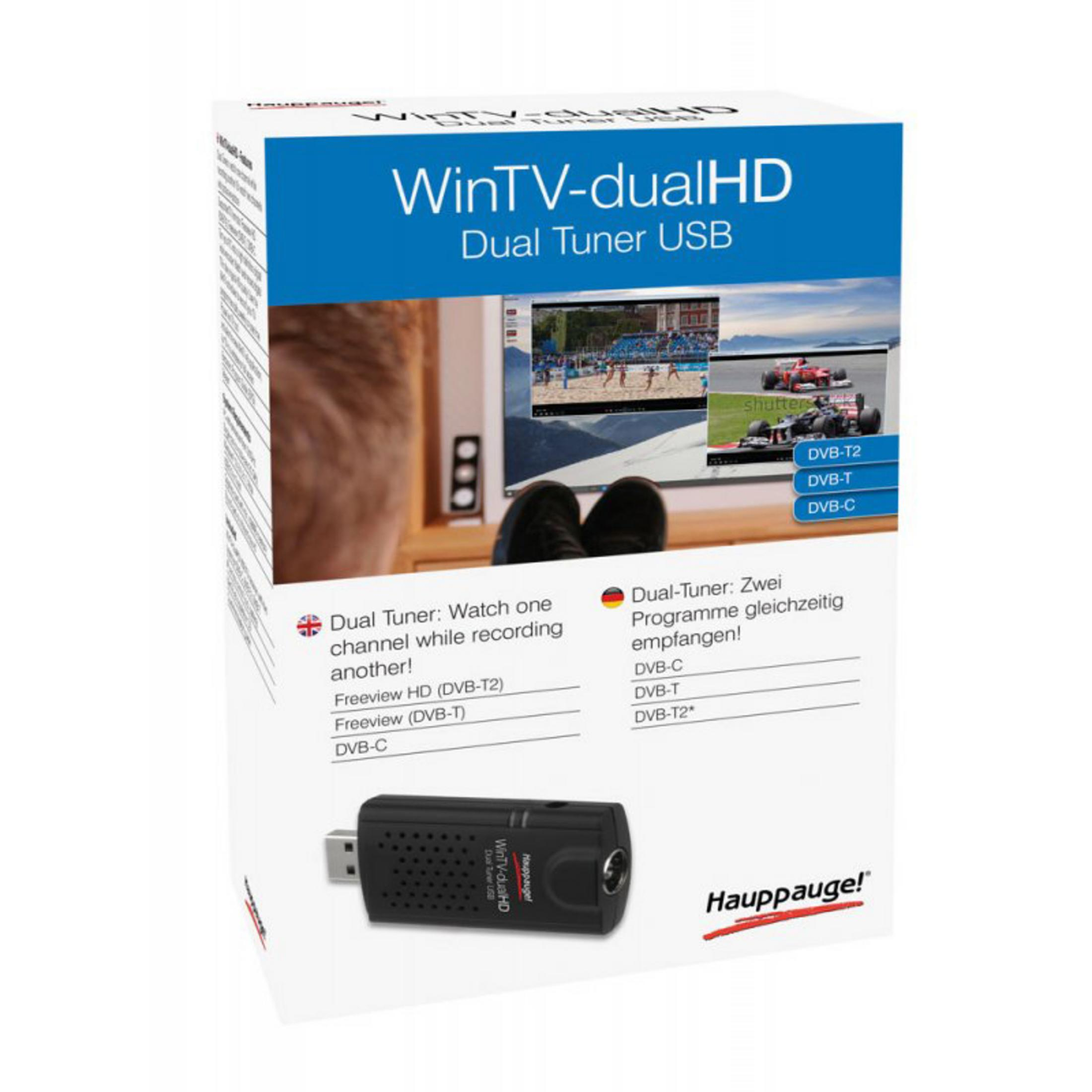 Box für Wintv-dualHD Dual Tuner USB mit Produkt- und Funktionsbeschreibung.