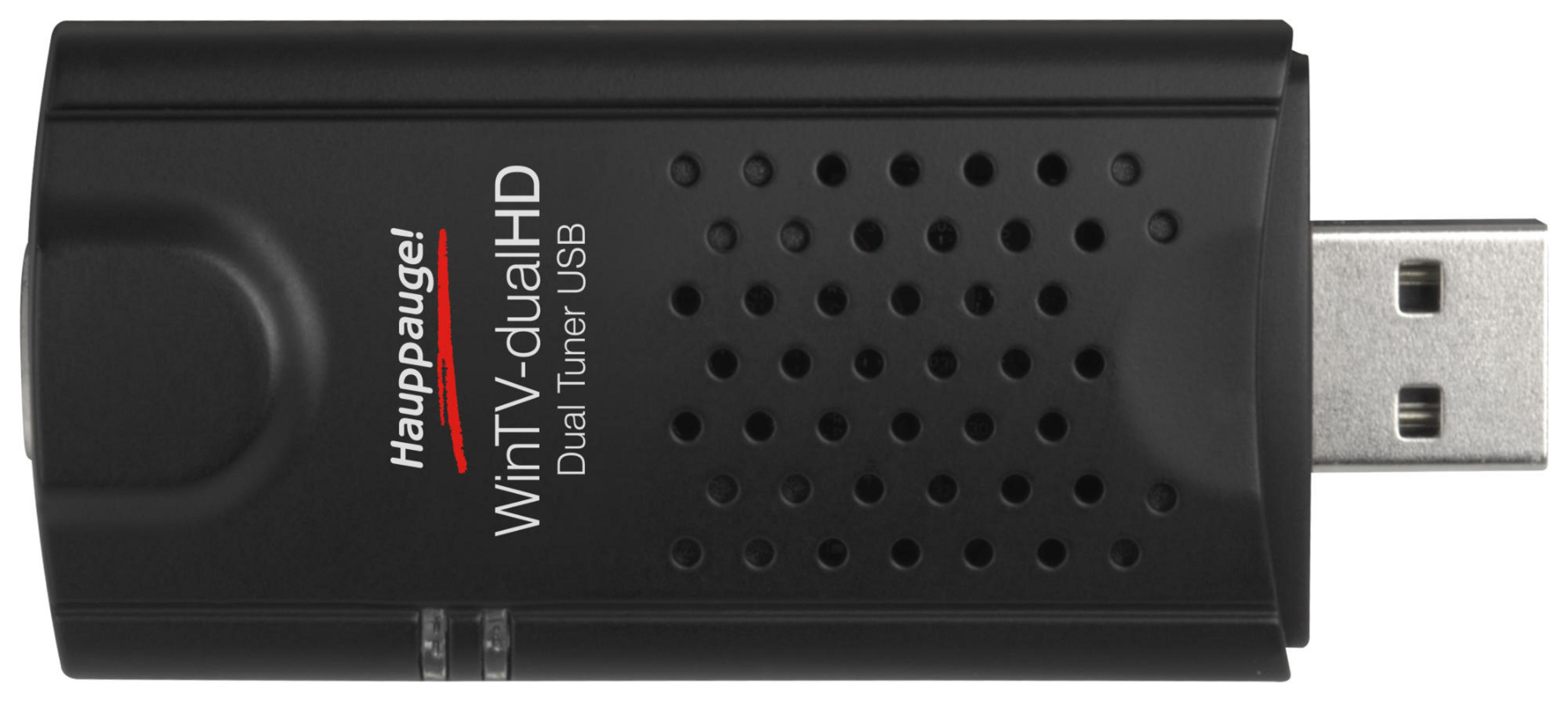 Schwarzer Hauppauge WinTV-dualHD USB-Tuner mit Text, vor weißem Hintergrund.