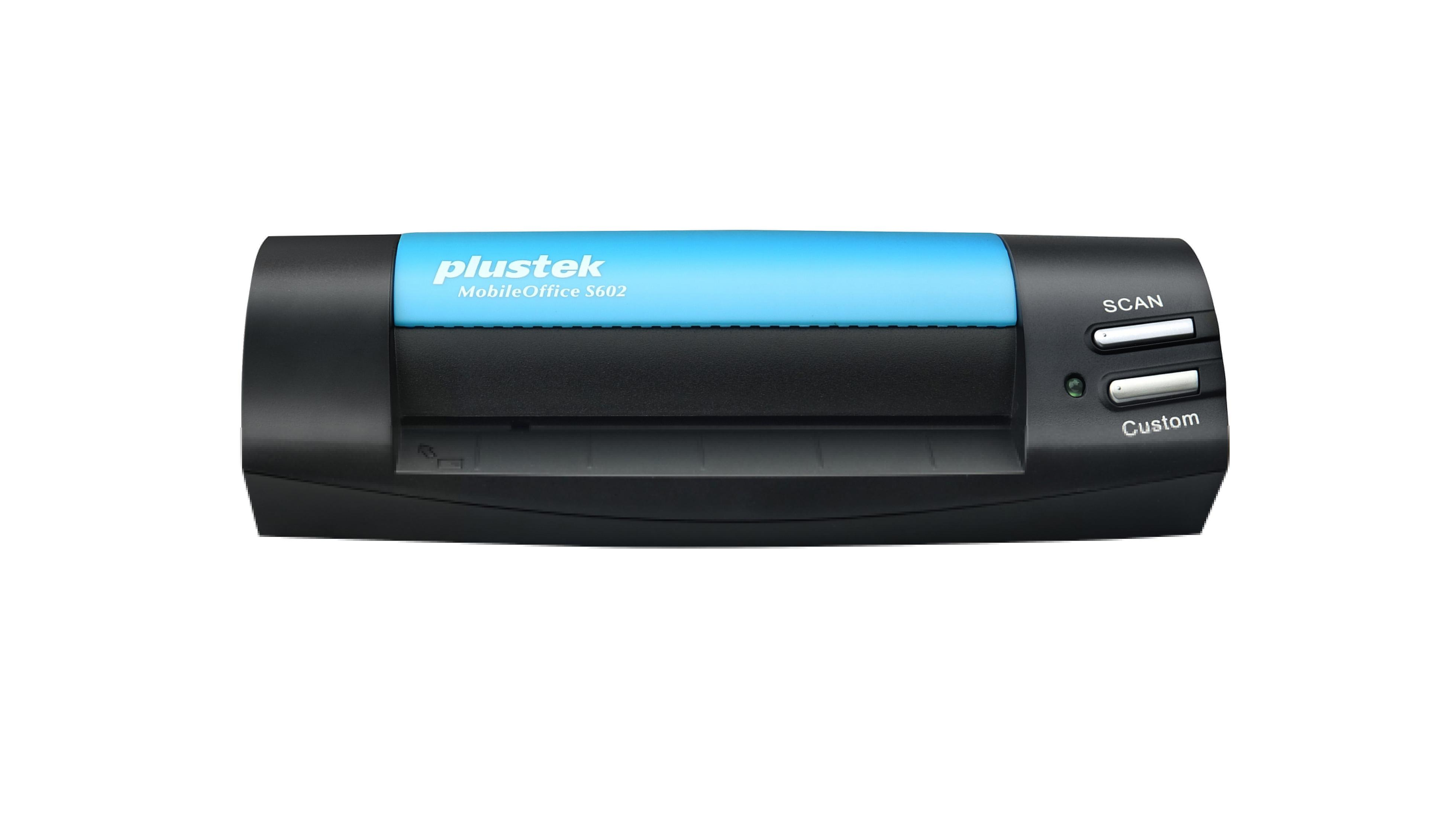 Czarny i niebieski skaner o podłużnym prostokątnym kształcie z dwoma przyciskami oznaczonymi jako 'SCAN' i 'Custom'.