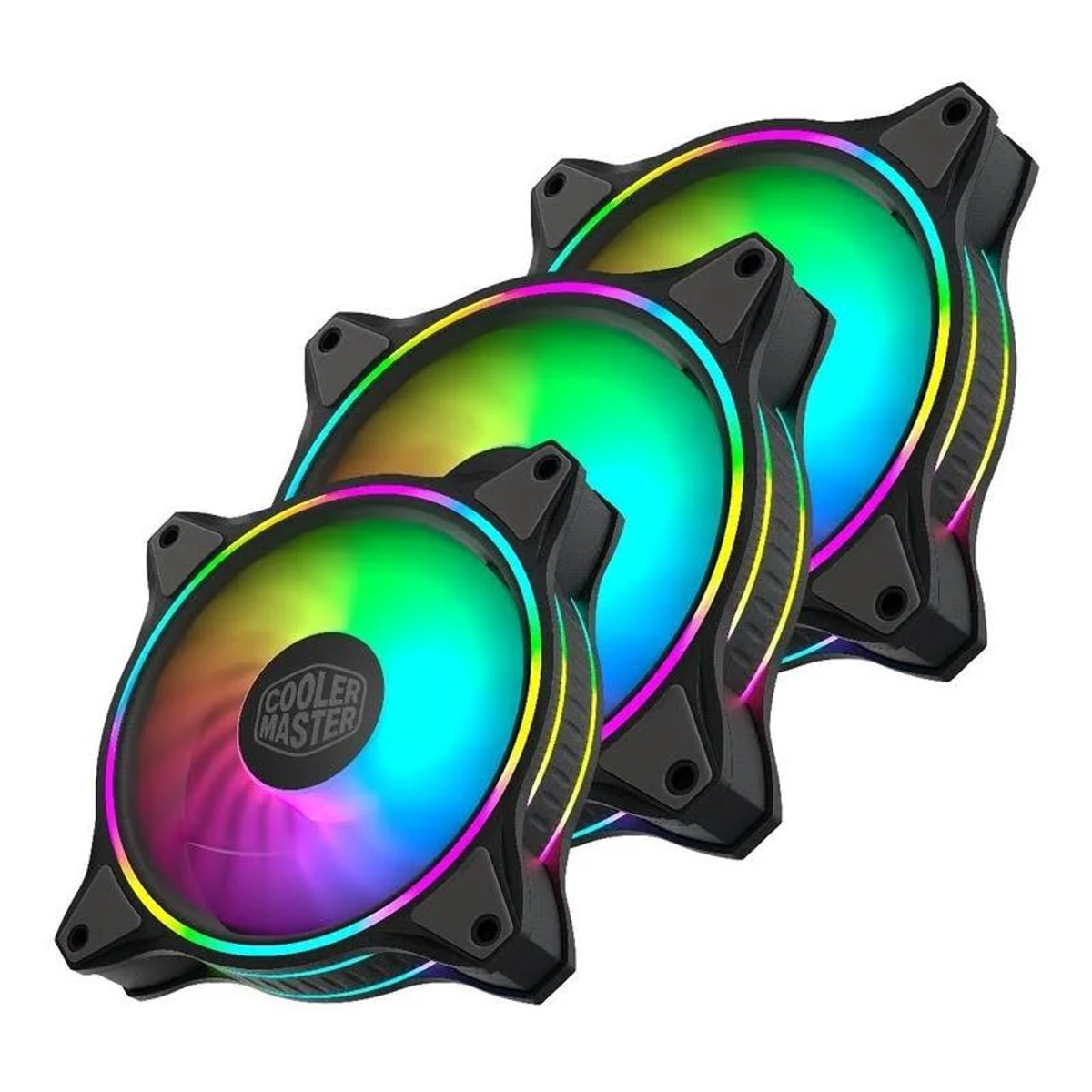 Drei Computerlüfter mit bunten Lichtern und schwarzen Rahmen. Die Lüfter sind RGB.