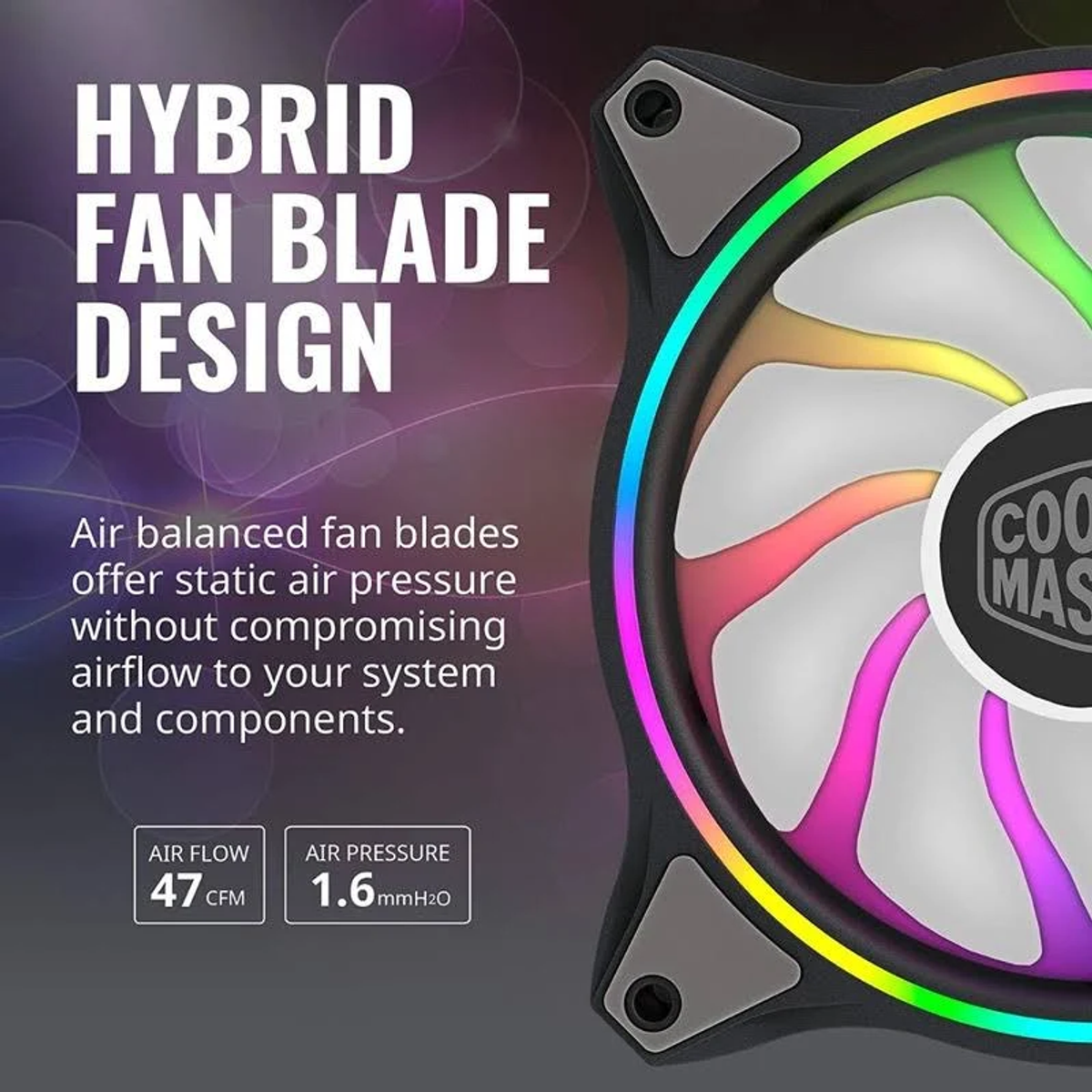 Ein Computerventilator mit RGB-Beleuchtung und Text über das Lüfterblattdesign.