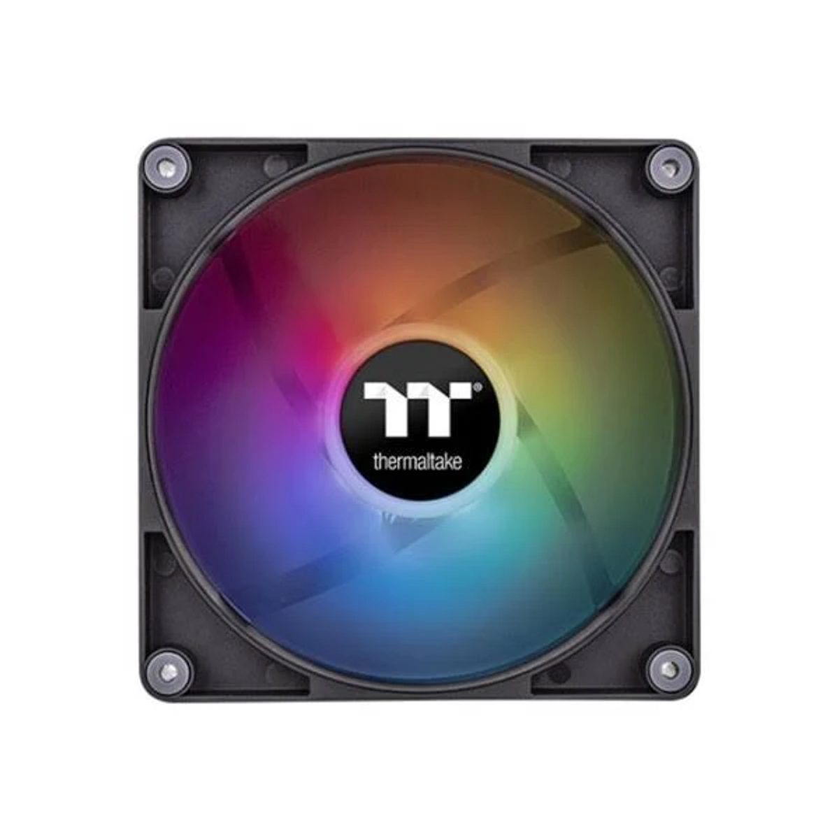 Computerlüfter mit Regenbogenfarben und schwarzem Rahmen.