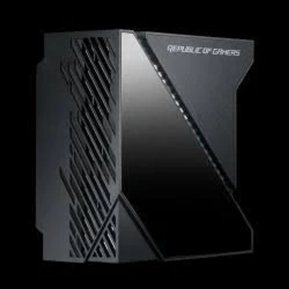 Ein schwarzes Gaming-PC-Gehäuse mit diagonalen Linien und den Worten "REPUBLIC OF GAMERS" an der Seite.