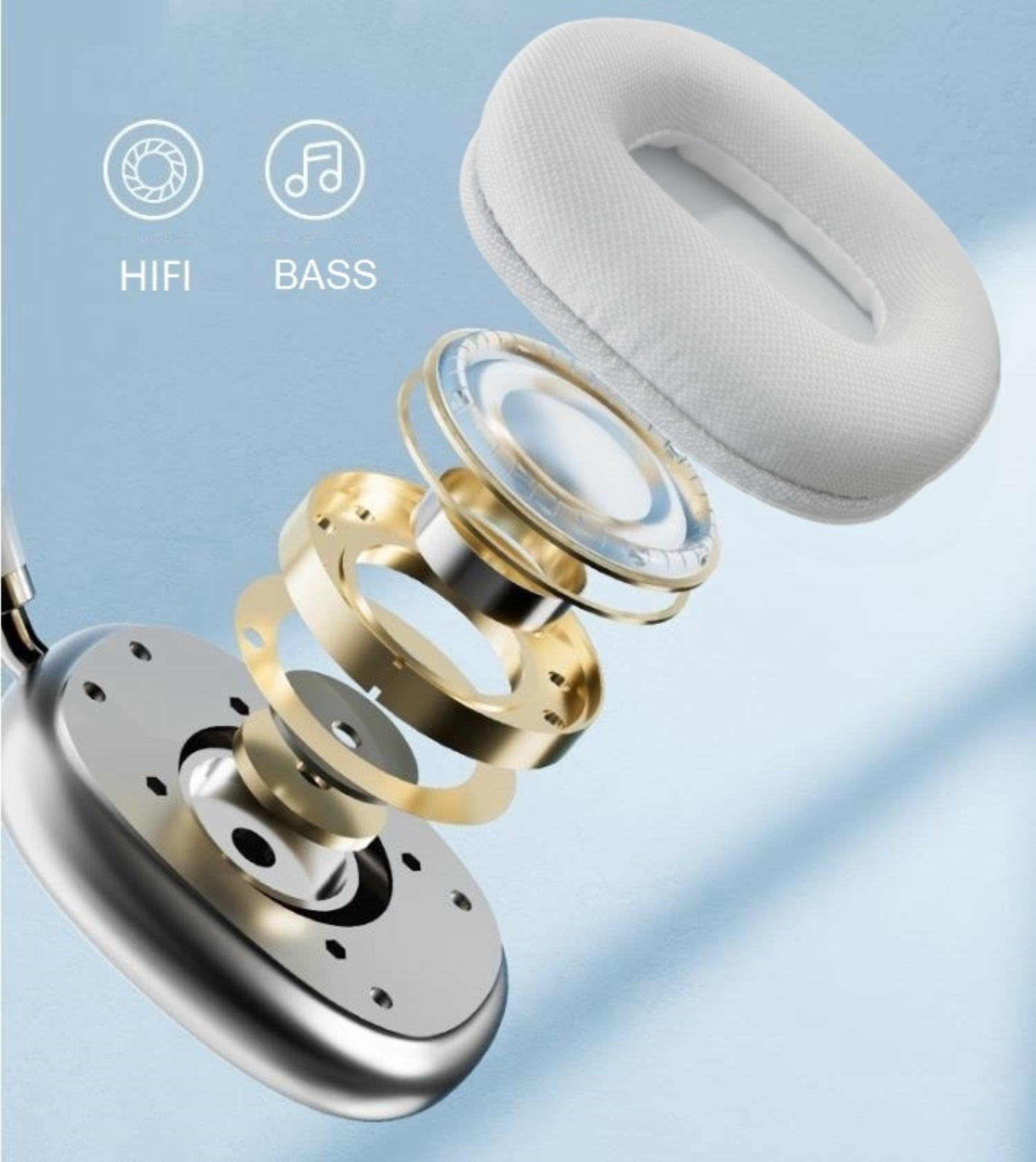 Componentes de auriculares. Etiquetas HiFi y Bass. Almohadilla blanca, partes doradas y plateadas.