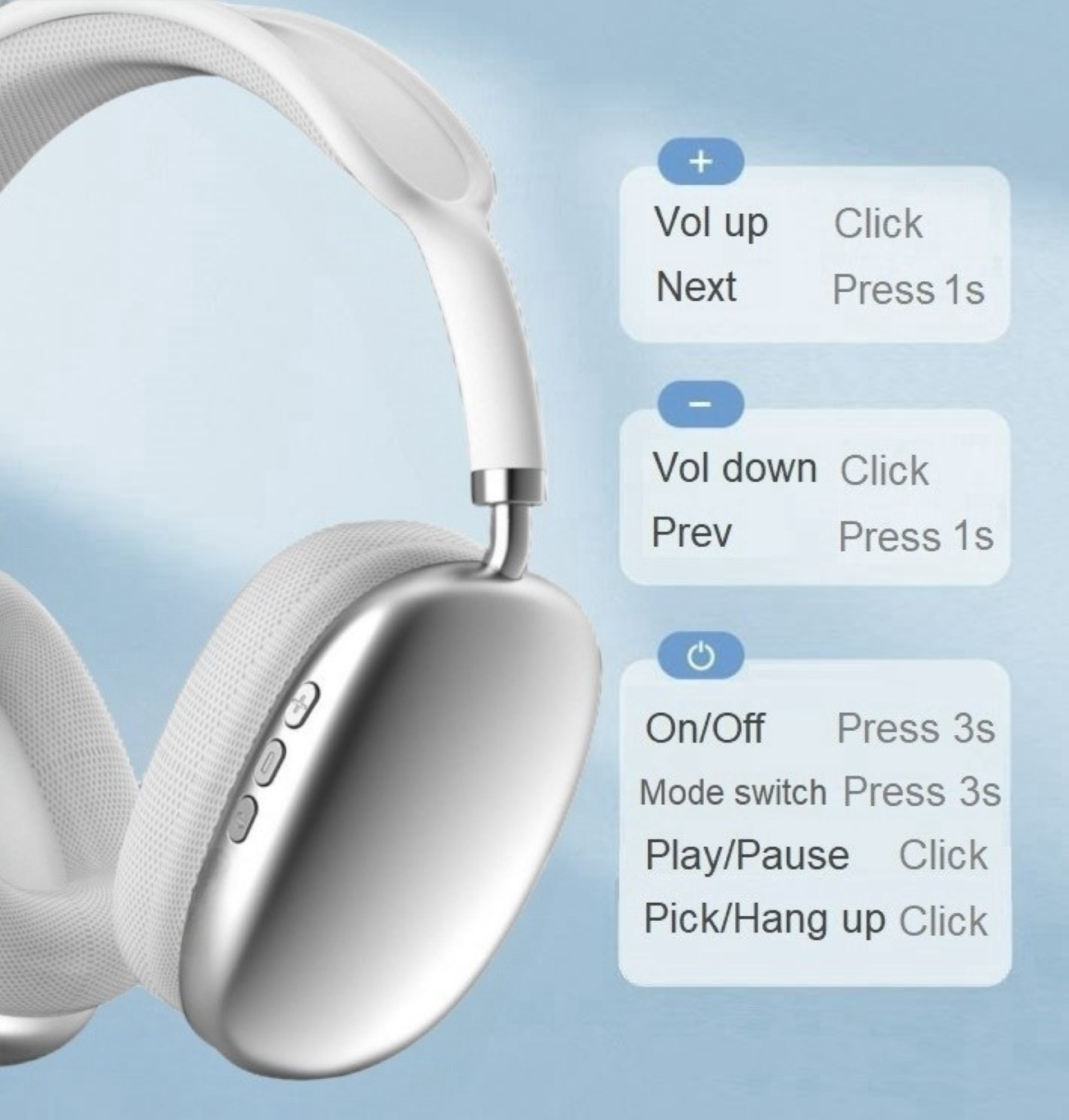 Auriculares inalámbricos blancos con detalles metálicos. Instrucciones de los botones de control a la derecha.