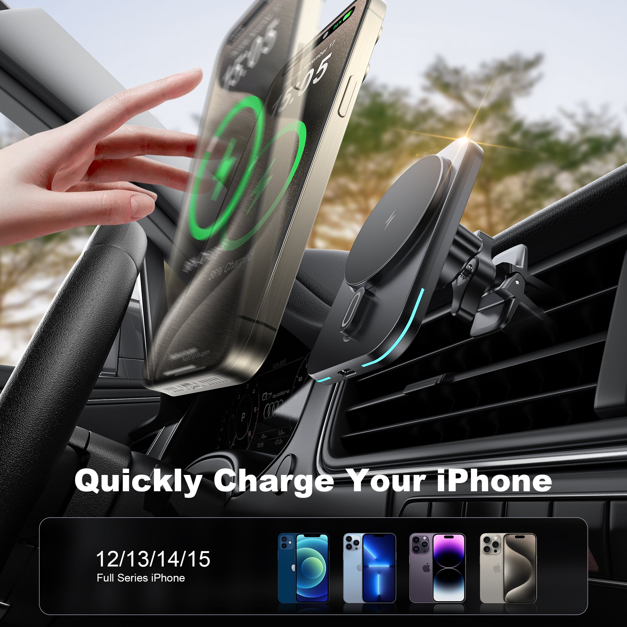 Ein Autointerieur mit einem drahtlos ladenden Telefon auf einer Halterung, mit Ladeanimation.