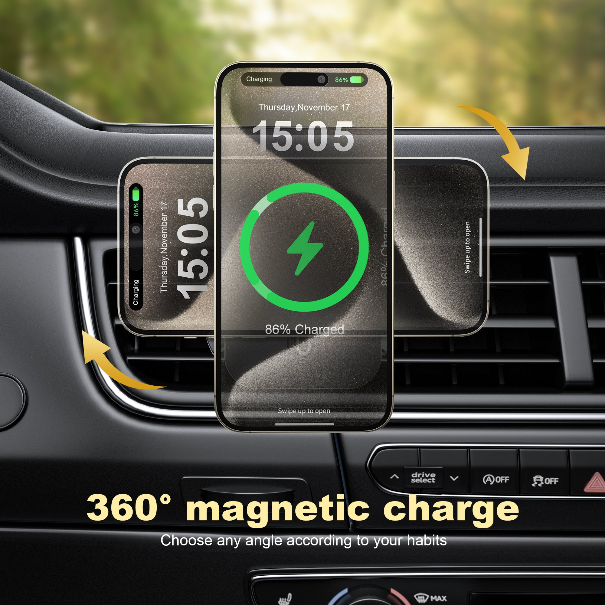 Drei Smartphones in einer Autohalterung, die den Ladestatus auf den Bildschirmen anzeigen.