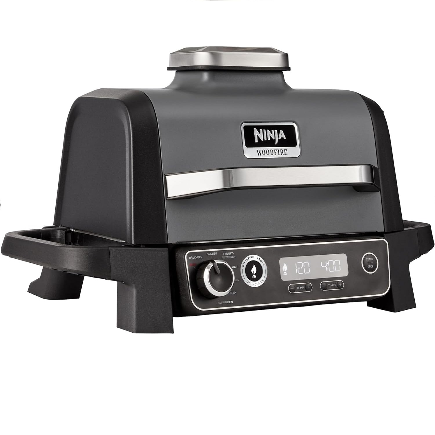 Schwarzer und grauer Ninja Woodfire-Grill mit digitaler Anzeige und Bedienfeld.