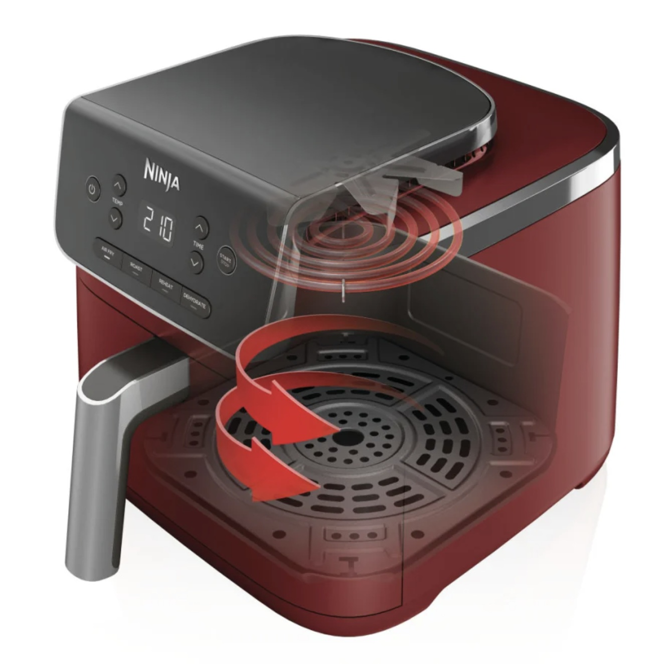 Czerwona frytownica powietrzna z przezroczystym widokiem na elementy wewnętrzne. Pokazano obieg powietrza.