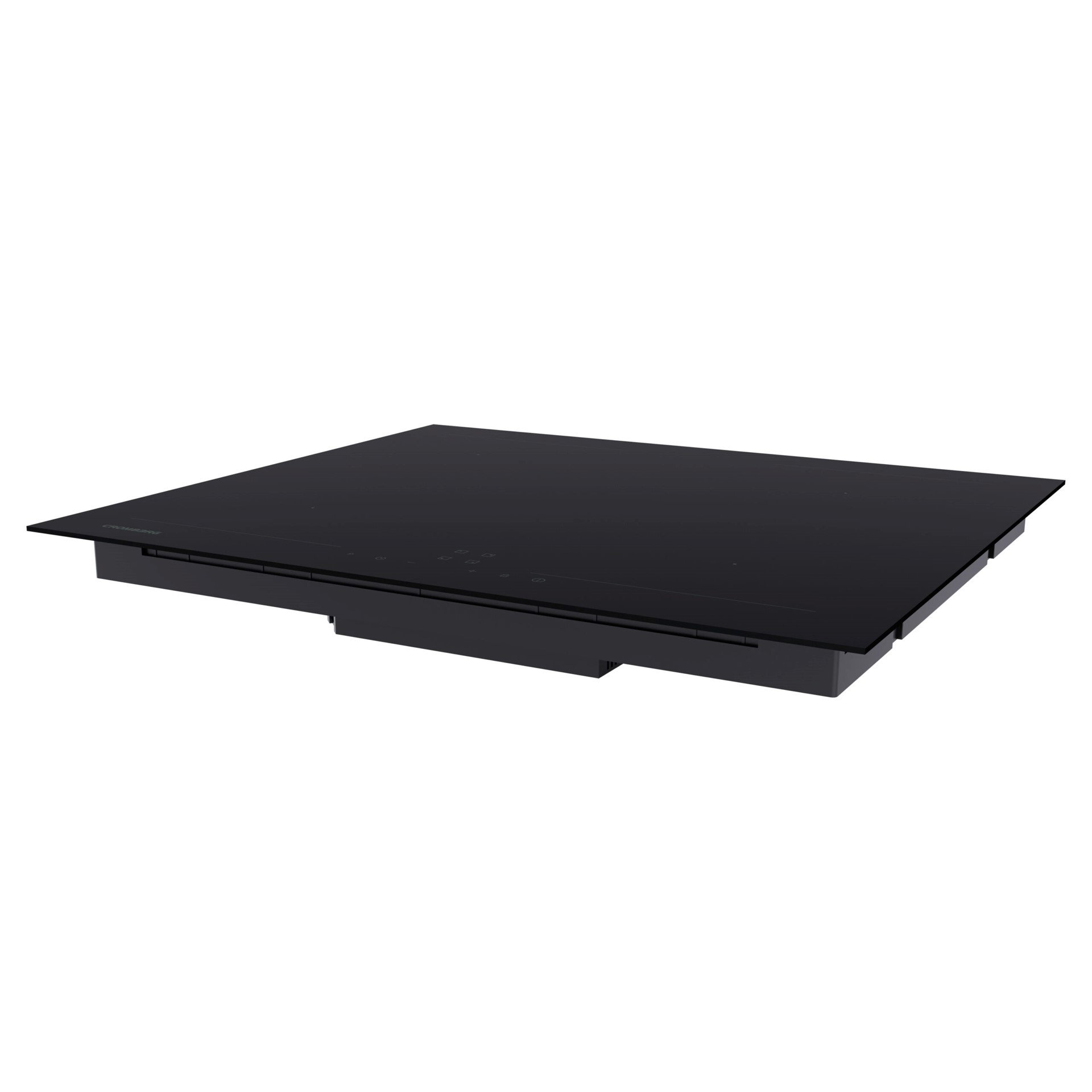 Un piano cottura a induzione nero e piatto. Ha un design elegante e moderno.