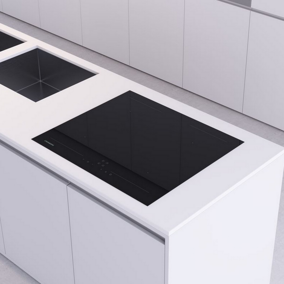 Piano cottura a induzione nero su un piano di lavoro bianco con armadi.
