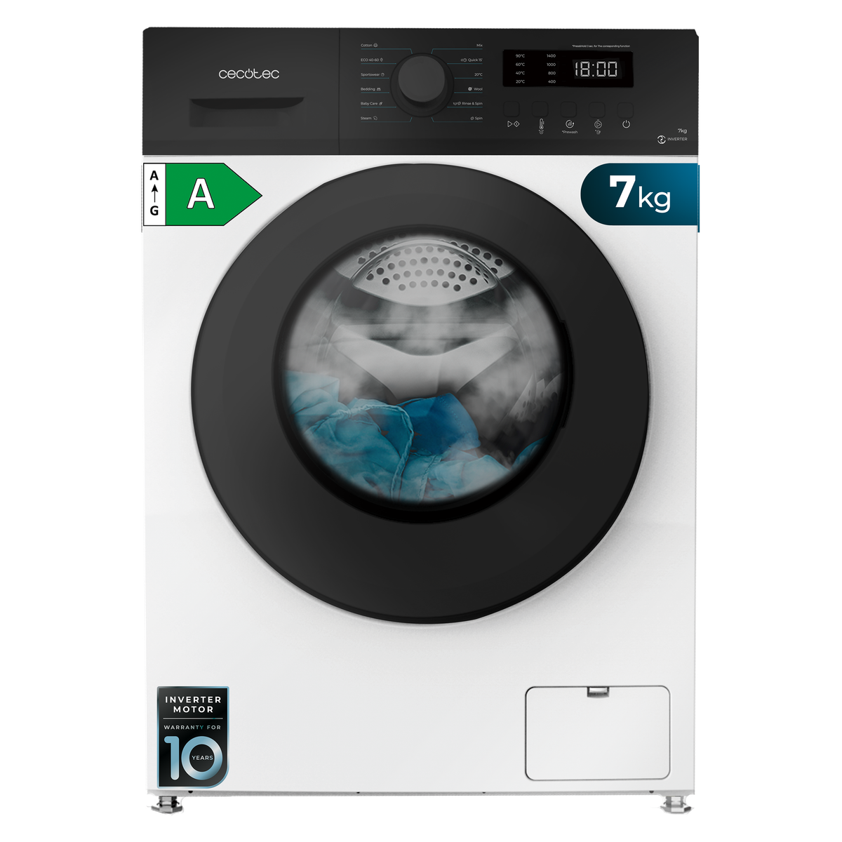 Biała pralka z czarnymi drzwiami. Posiada wyświetlacz i etykietę efektywności energetycznej.