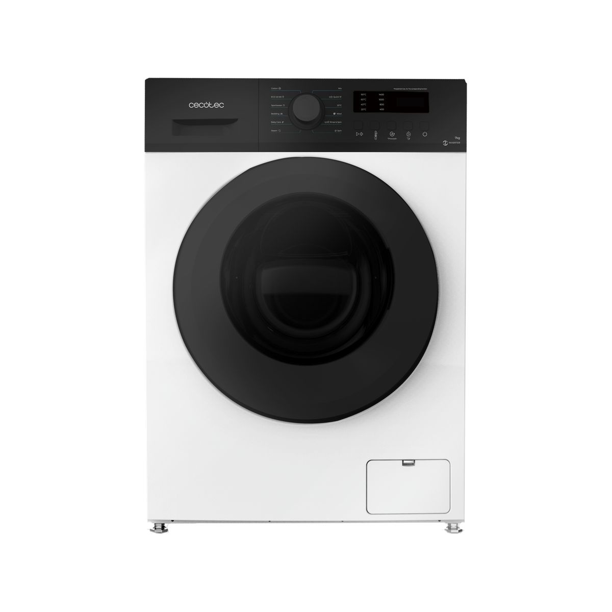 Biała pralka z czarnymi drzwiami i panelem sterowania. Drzwi są zamknięte.