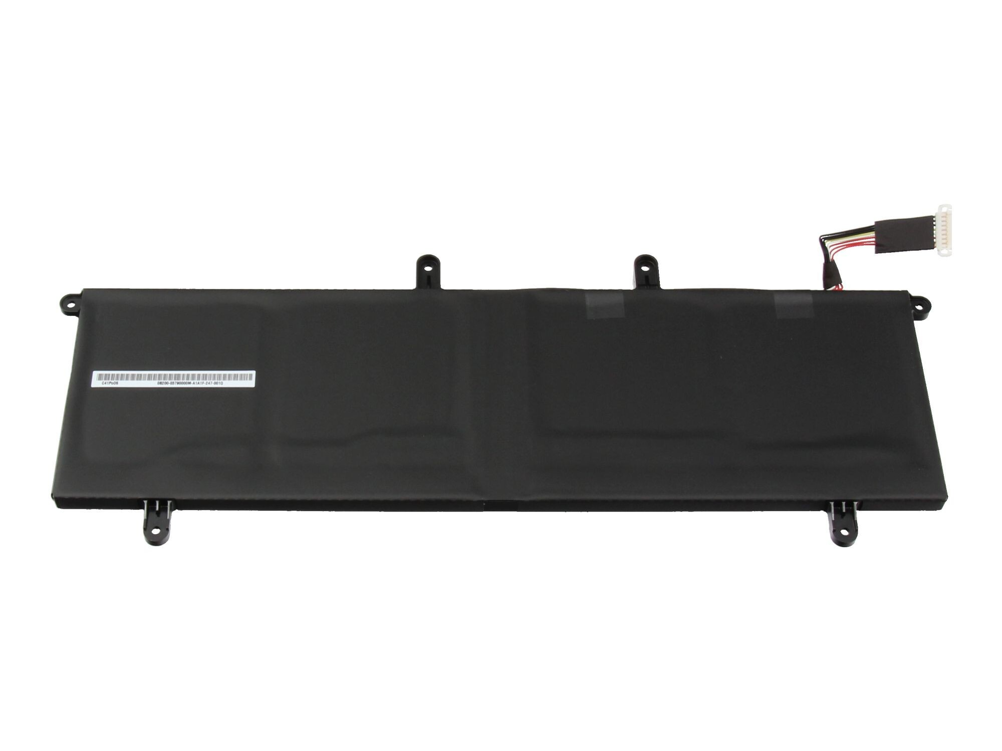 Laptop-Akku. Er ist schwarz, rechteckig, mit Etikett und Stecker. Er hat Befestigungslöcher.