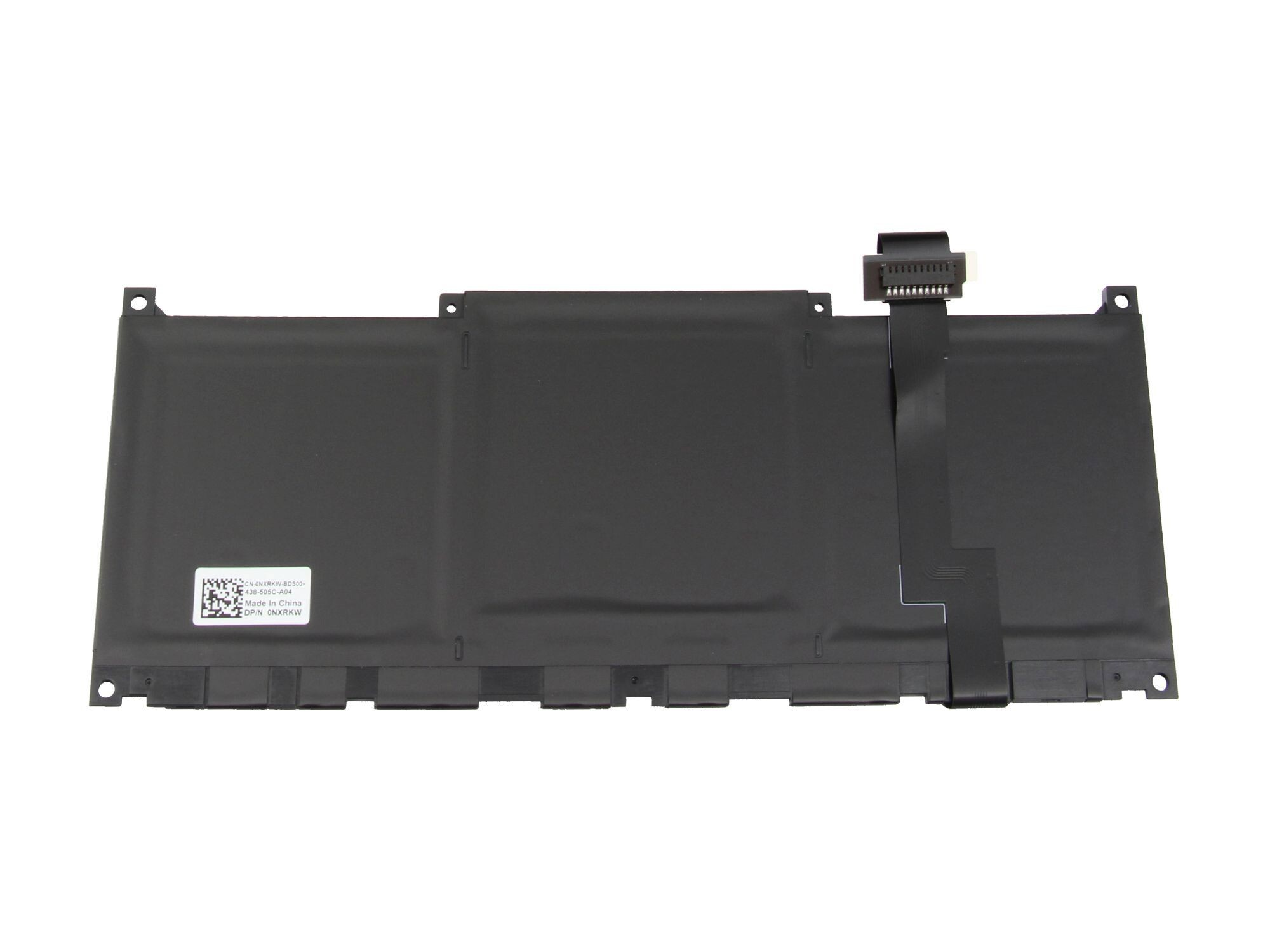 Schwarzer Laptop-Akku mit schwarzem Flachbandkabel und Barcode-Aufkleber.