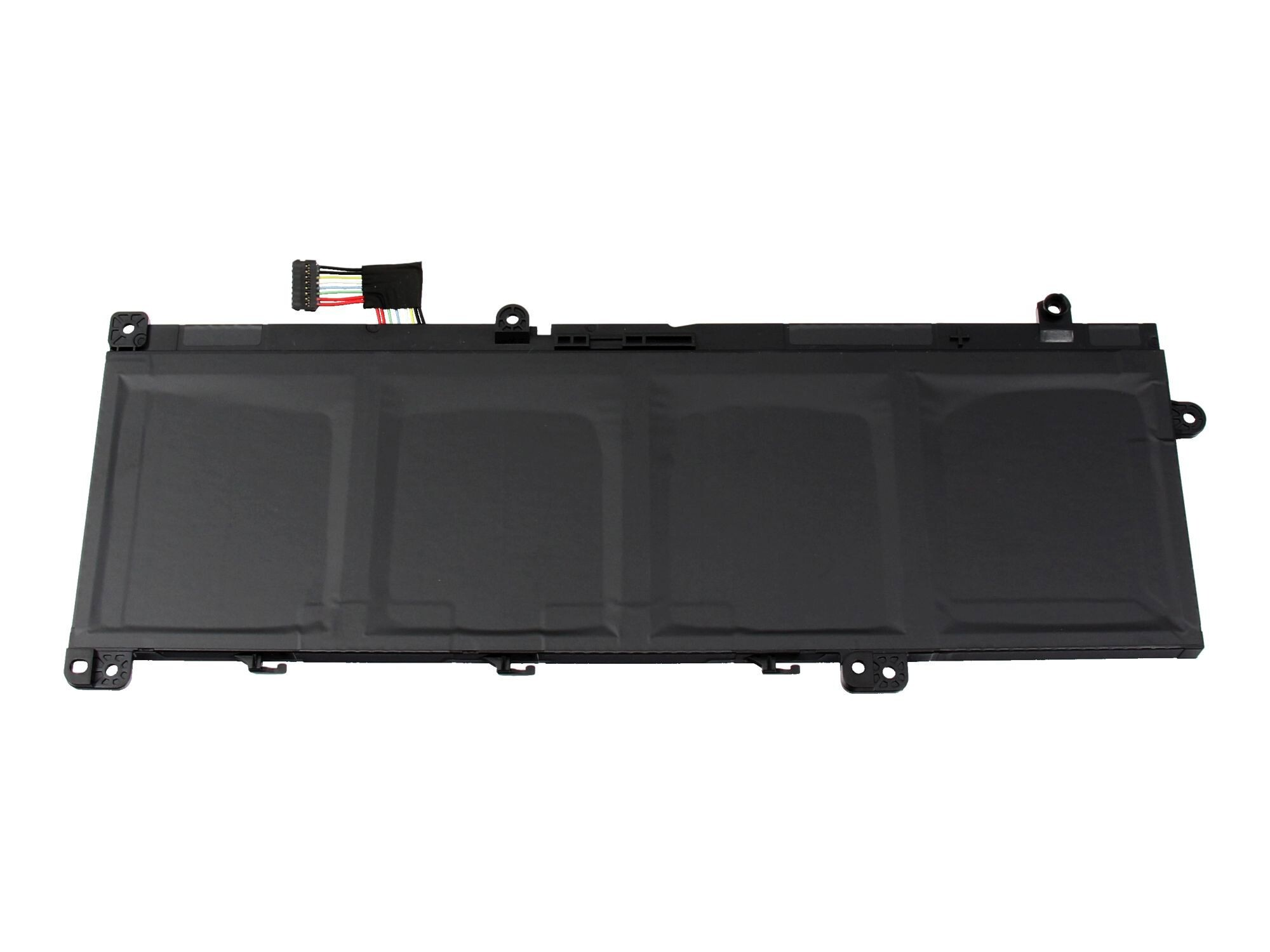 Ein schwarzer Laptop-Akku mit Anschlusskabel.