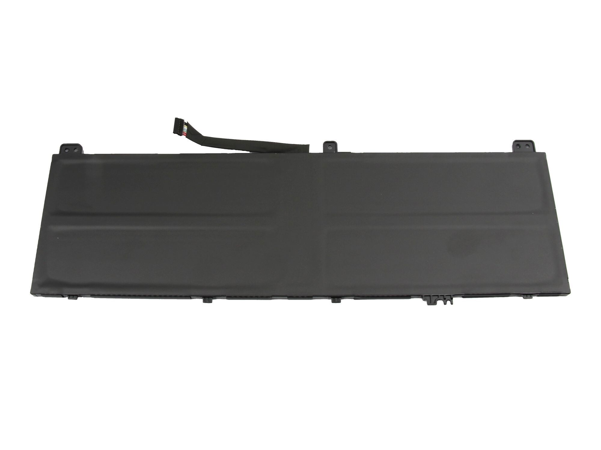 Schwarzer Laptop-Akku. Er hat einen Anschluss und Halterungen. Die Batterie hat eine rechteckige Form.