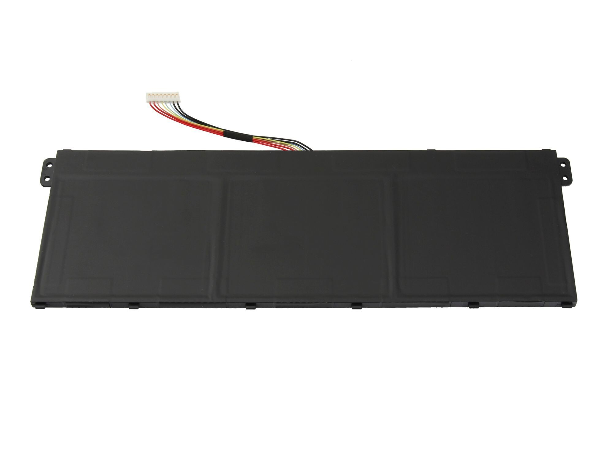 Ein schwarzer Laptop-Akku mit weißen Anschlüssen. Der Akku ist rechteckig.