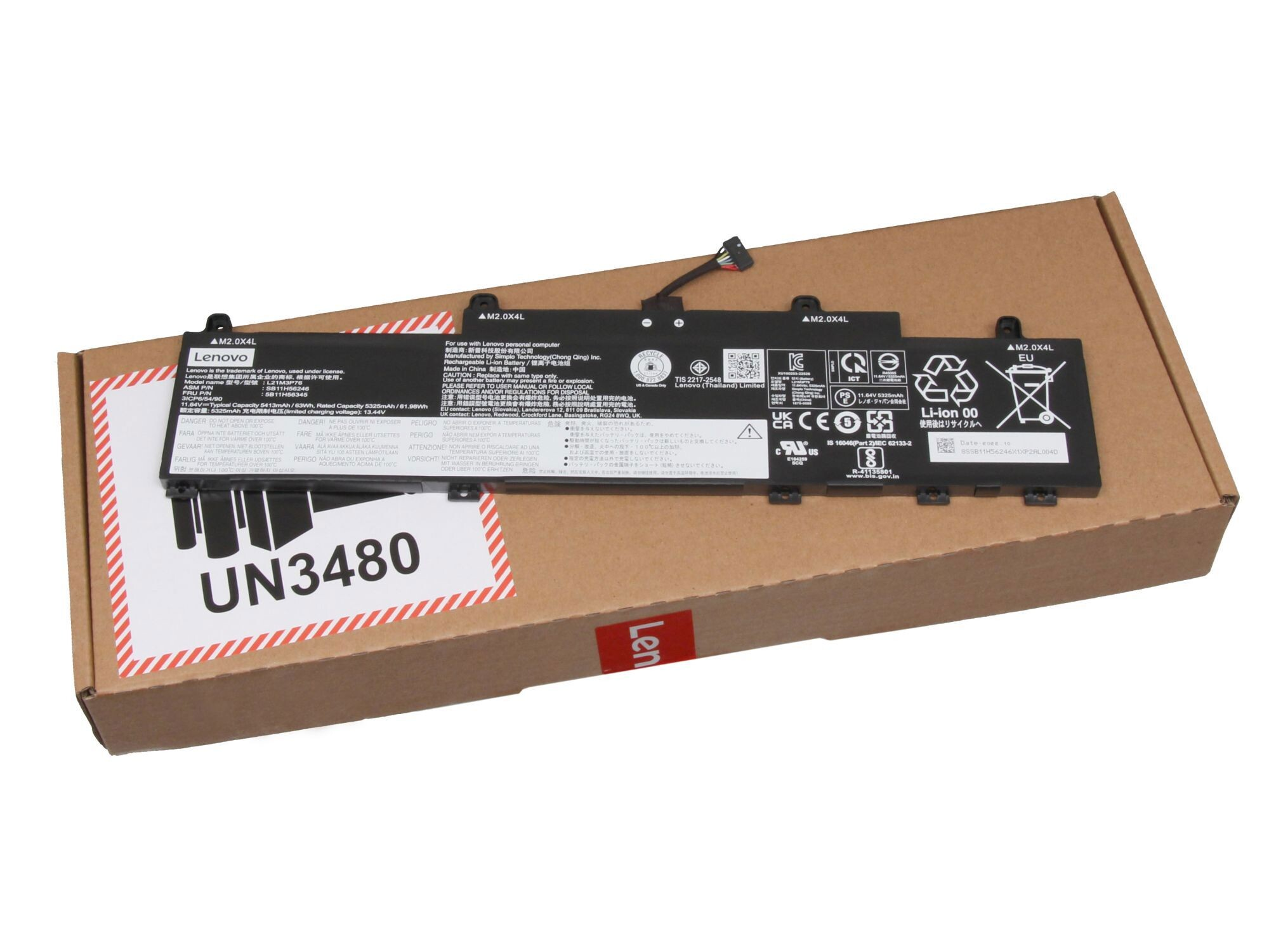 Lenovo Laptop-Akku in brauner Box mit Warnsymbol und Etiketten.