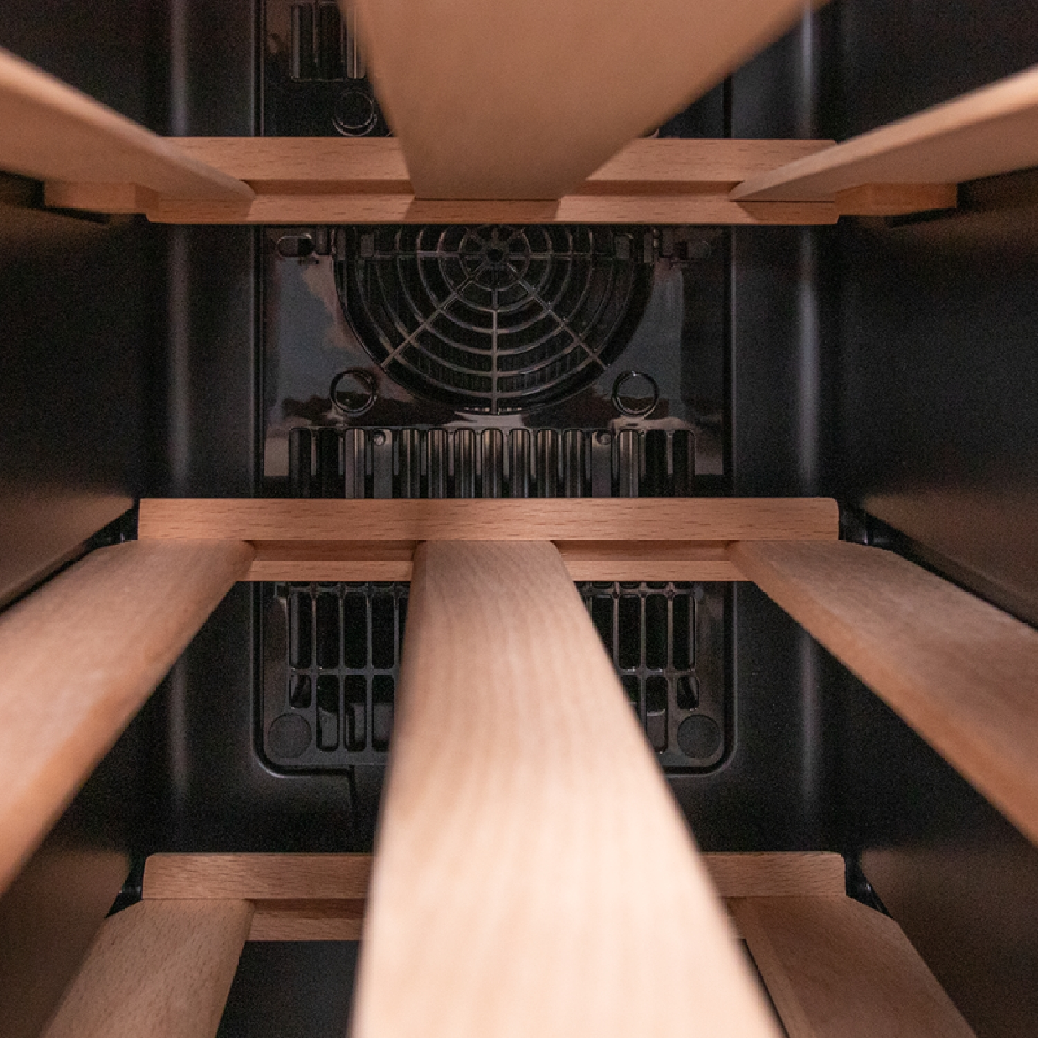 Inside view of a wine cooler. Light wood shelves frame the dark interior with a fan and vents visible.