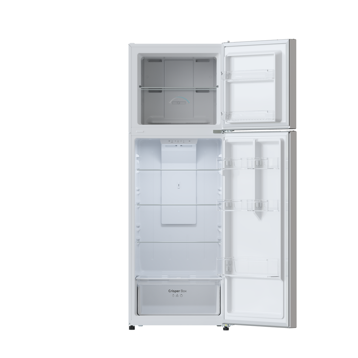 Un refrigerador abierto con estantes, cajones y alimentos. El congelador superior también está abierto.