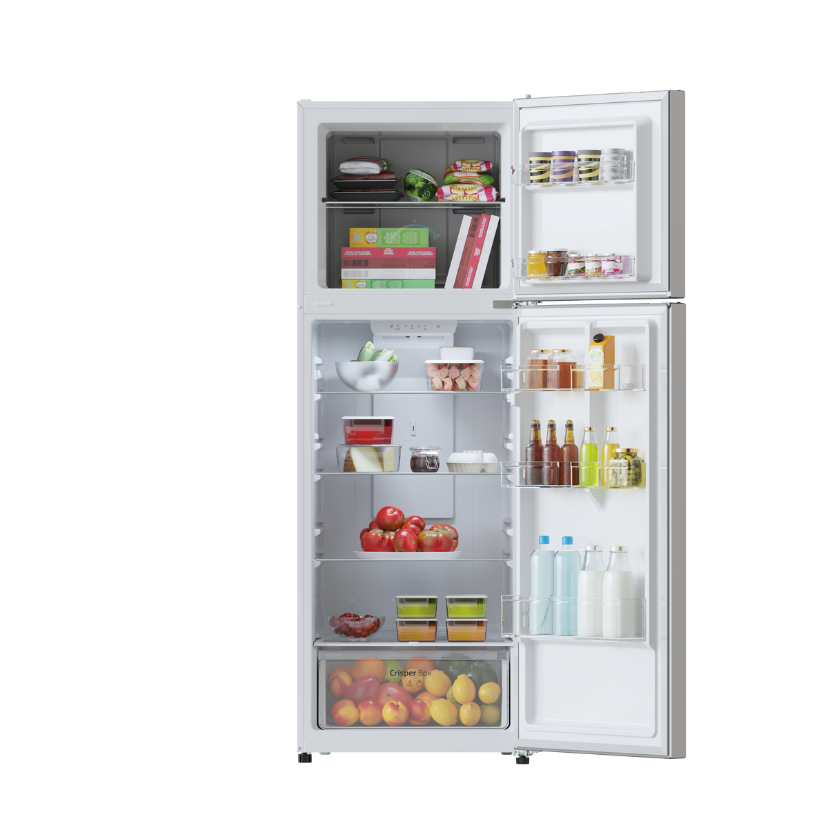 Dentro de un refrigerador, lleno de alimentos. Frutas, bebidas y productos envasados visibles.