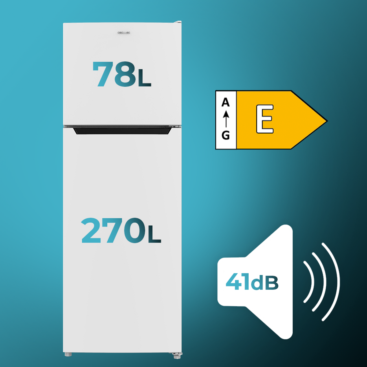 Refrigerador blanco con 78L arriba, 270L abajo, clasificación energética E y 41dB sonido.