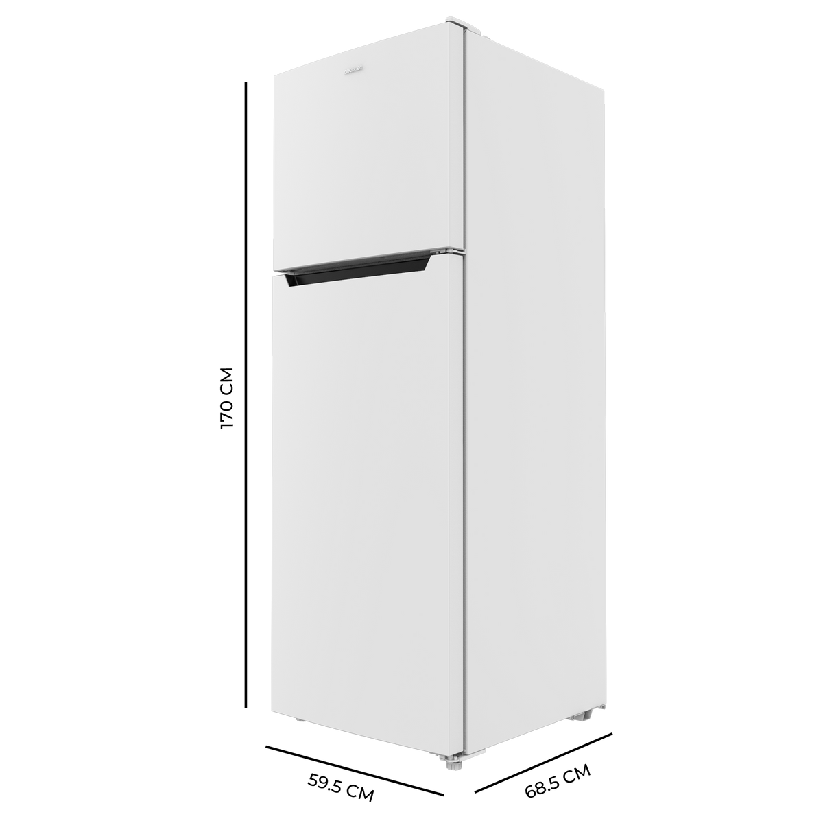 Refrigerador blanco. Tiene dos puertas, una manija negra y un fondo blanco.