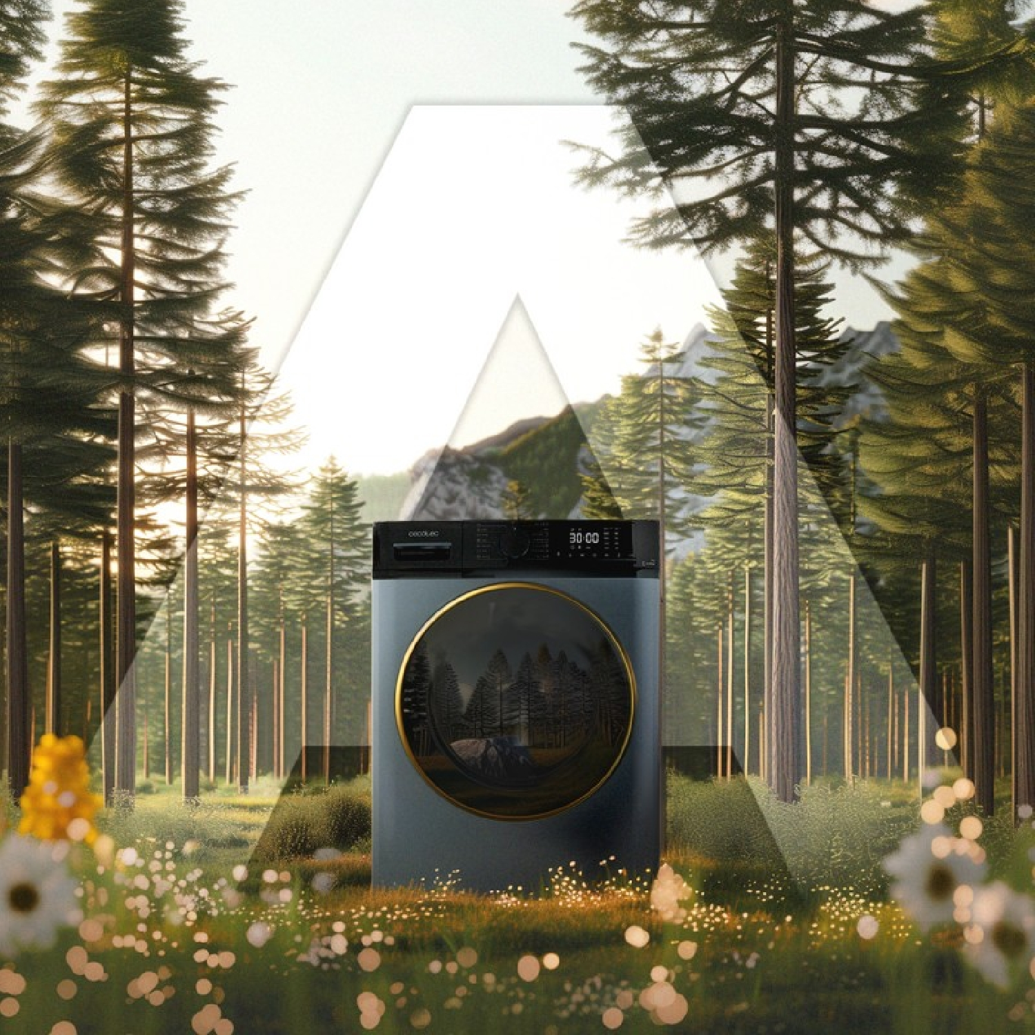 Pralka w leśnej scenerii. Drzwi mają obraz lasu. Tło ma drzewa i kwiaty.