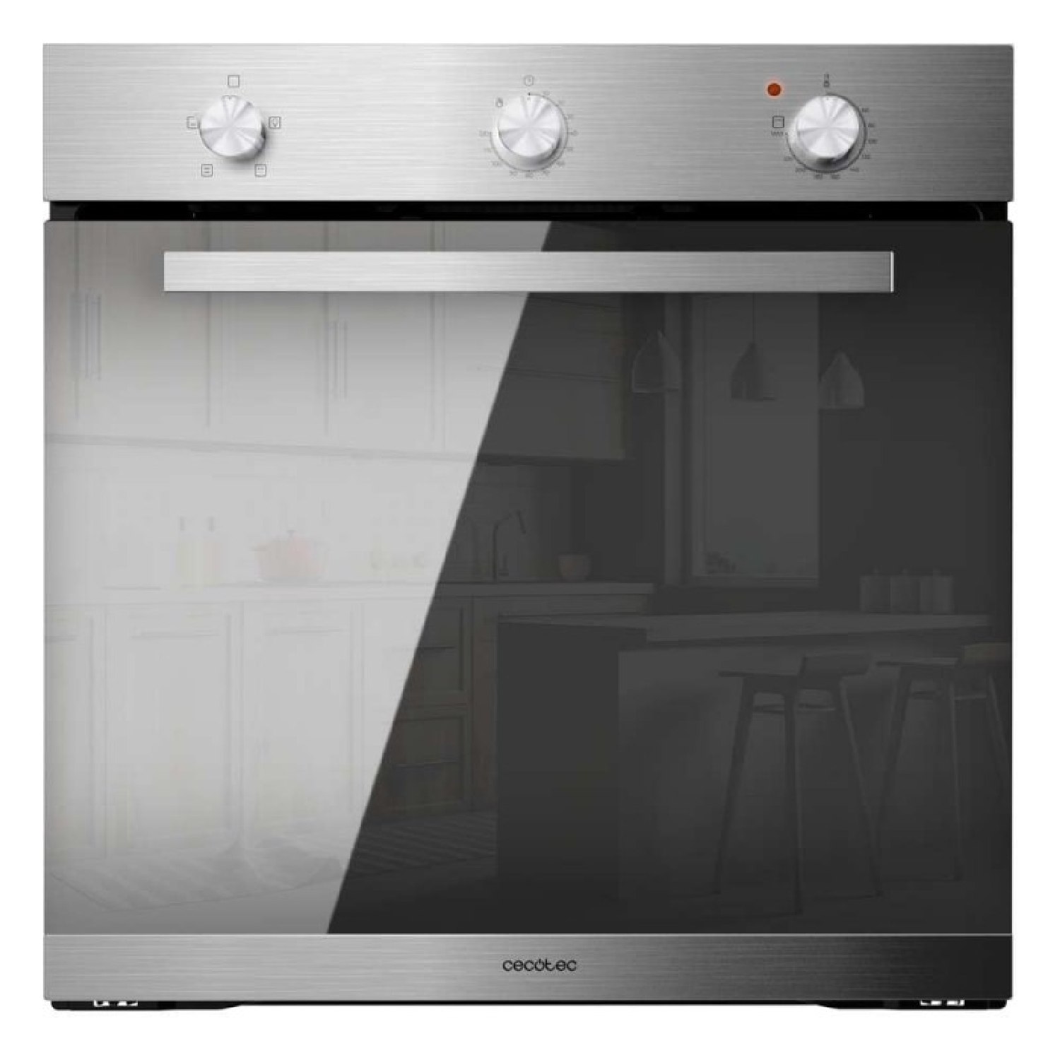 Horno empotrado de acero inoxidable con mandos y tirador. El fondo muestra una cocina.